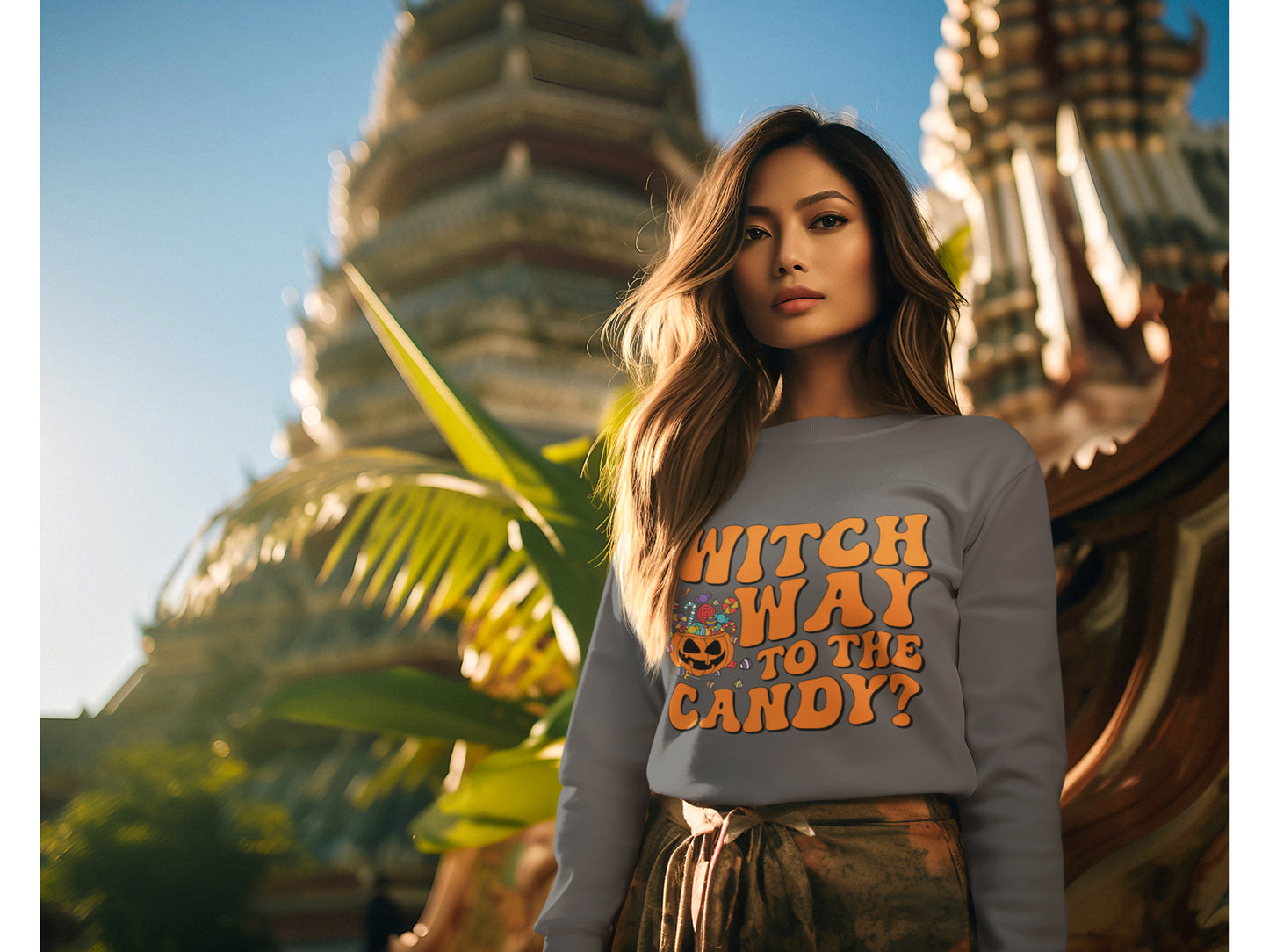 A woman wears a gray "Witch Way to the Candy" Halloween sweatshirt.