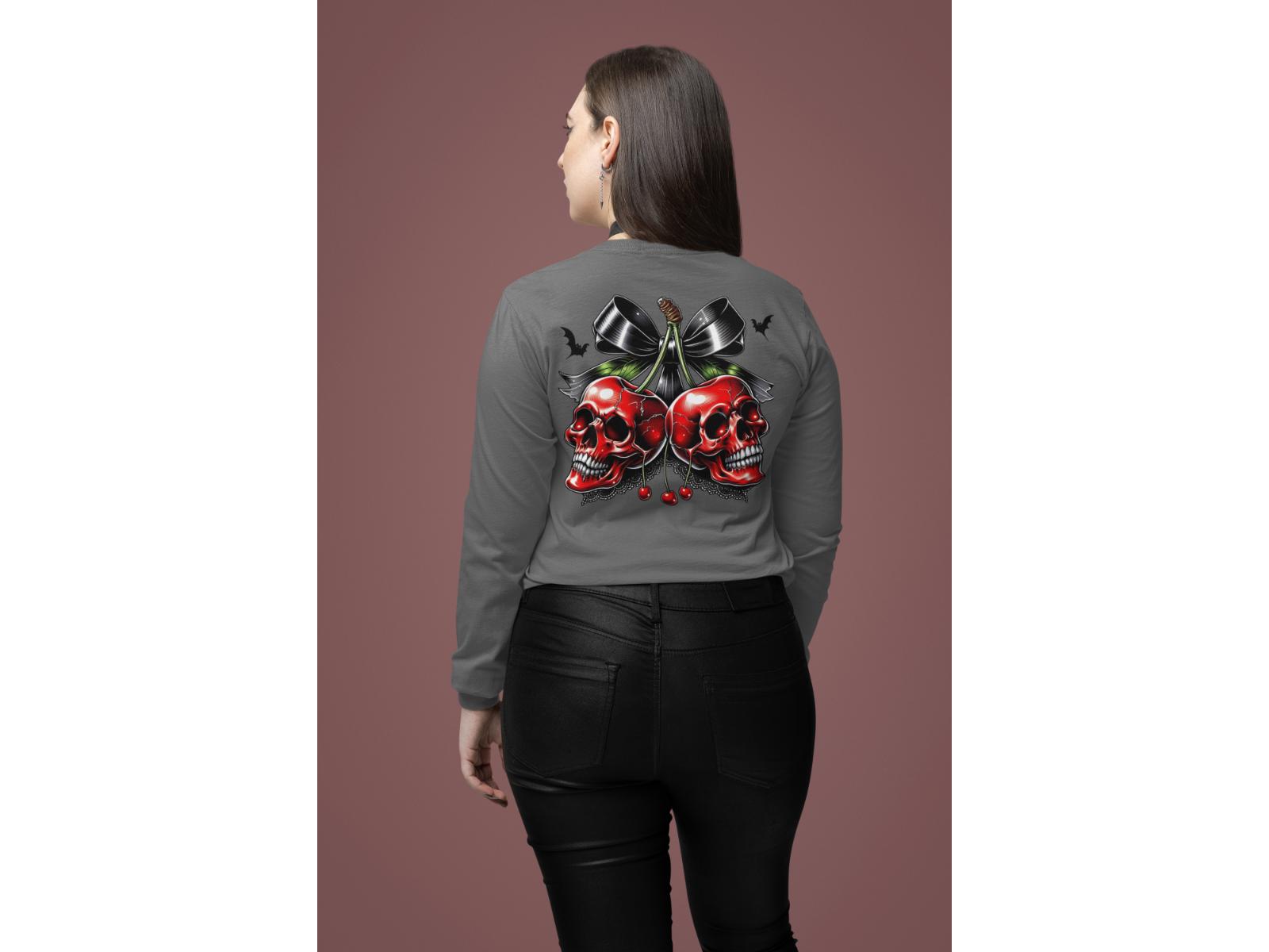A woman from behind wears a gray long-sleeve shirt with a spooky cherry design.