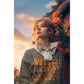 A woman wears a gray "Witch Way to the Candy" Halloween sweatshirt with a ruffled collar.