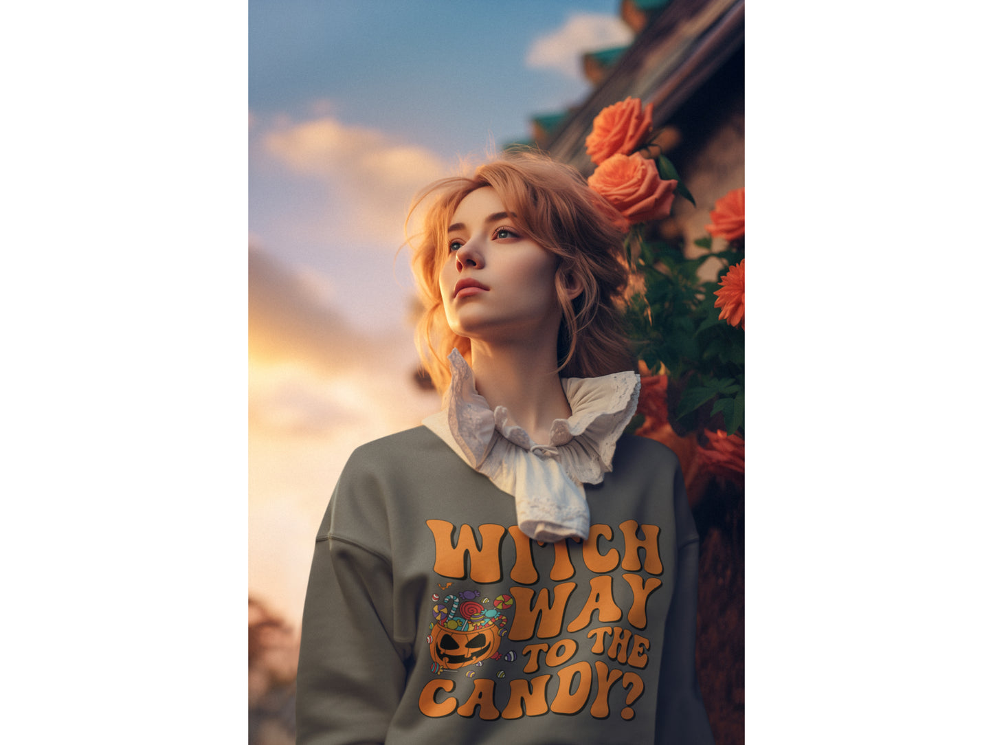 A woman wears a gray "Witch Way to the Candy" Halloween sweatshirt with a ruffled collar.