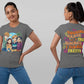 A woman models a gray t-shirt with an anime-style graphic of four friends on the front and text on the back.