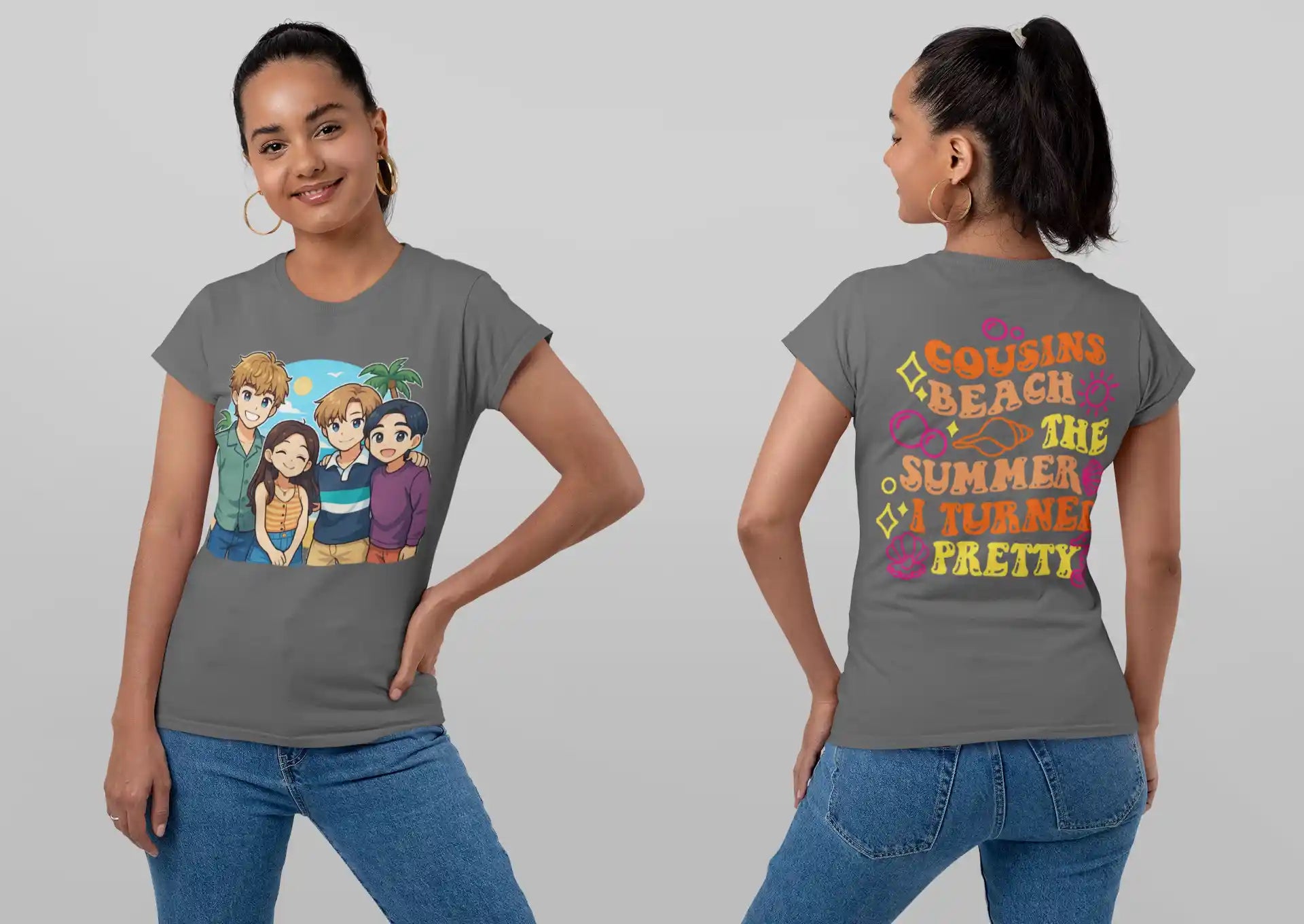 A woman models a gray t-shirt with an anime-style graphic of four friends on the front and text on the back.