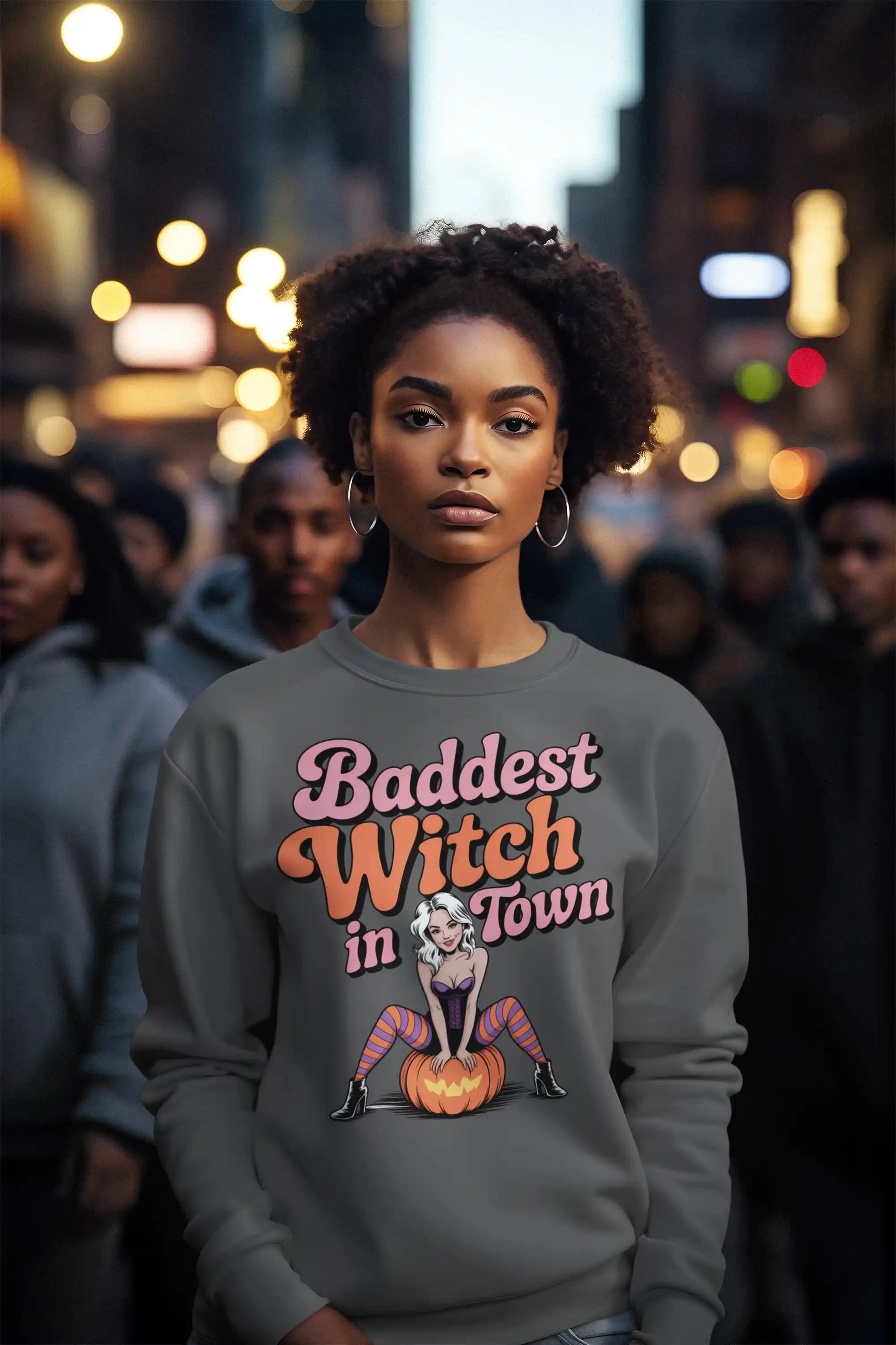 A woman wears a dark gray sweatshirt with "Baddest Witch in Town" text and a witch graphic.
