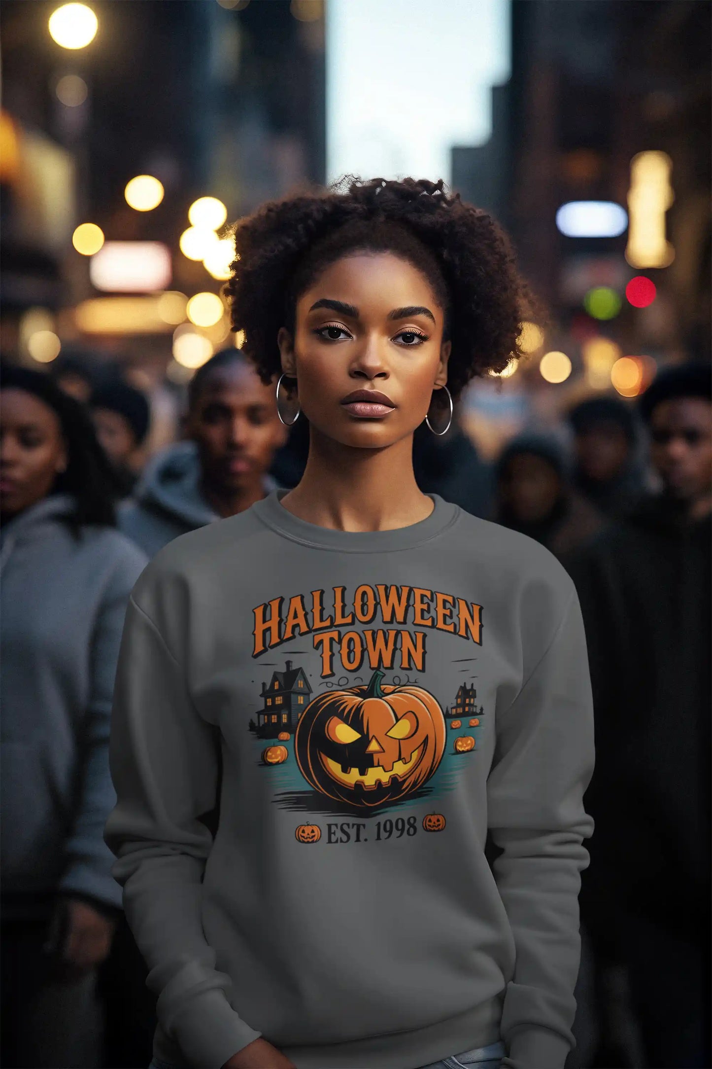 A woman wears a gray Halloween Town sweatshirt with a vintage pumpkin graphic.