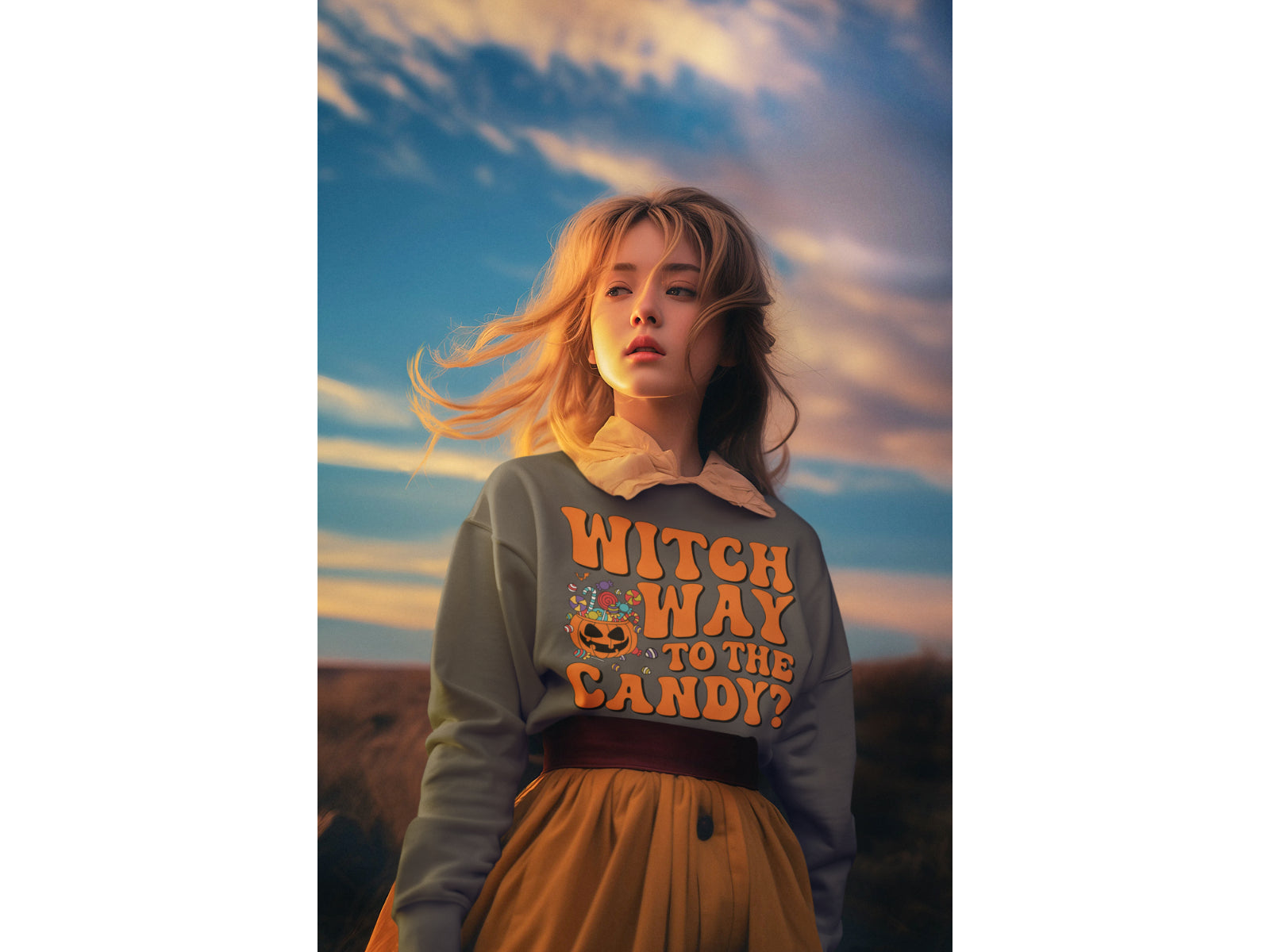 A woman wears a grey "Witch Way to the Candy" Halloween sweatshirt and a yellow skirt.