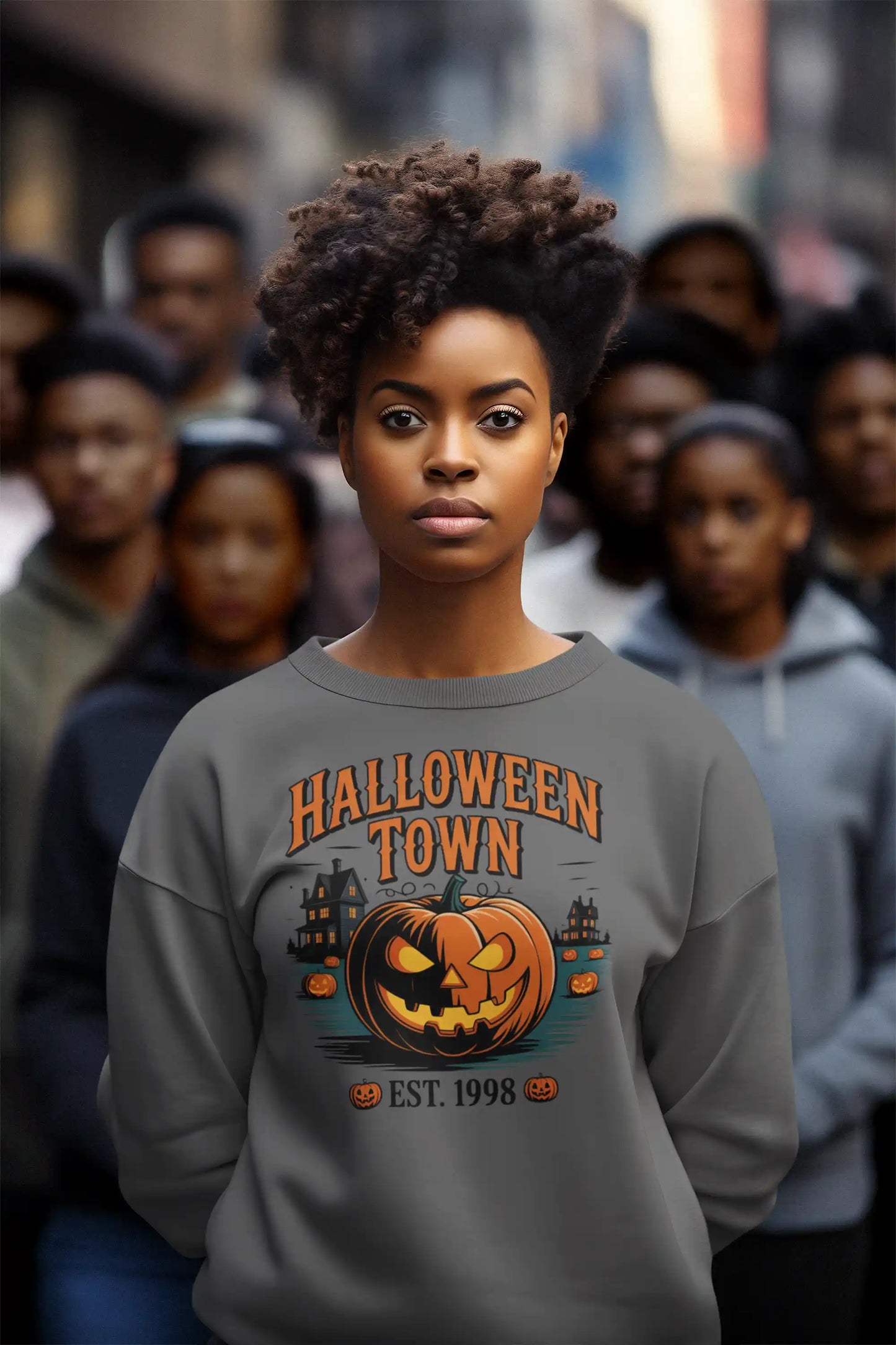 A woman wears a gray Halloween Town sweatshirt with a vintage pumpkin graphic.