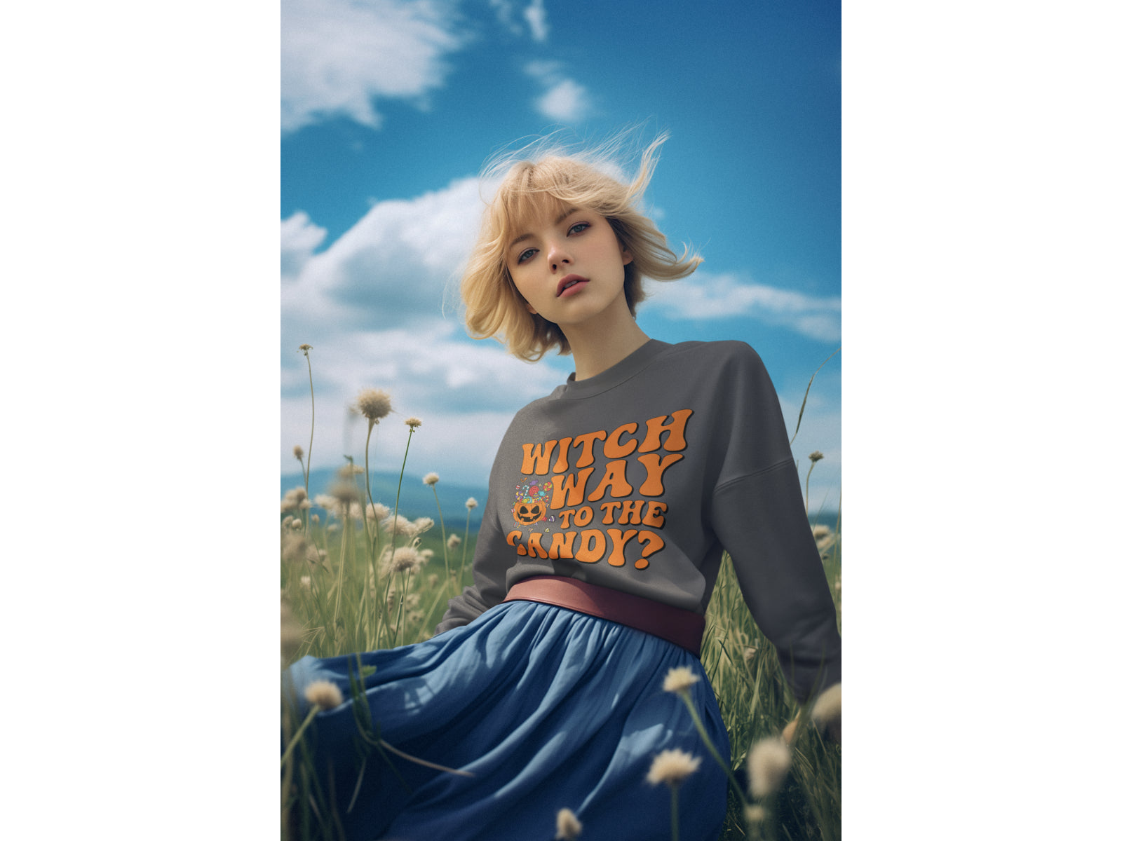 A blonde woman wears a dark grey "Witch Way to the Candy" Halloween sweatshirt.