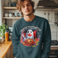 A man wears a dark teal sweatshirt with a Canadian Halloween ghost and pumpkin design.