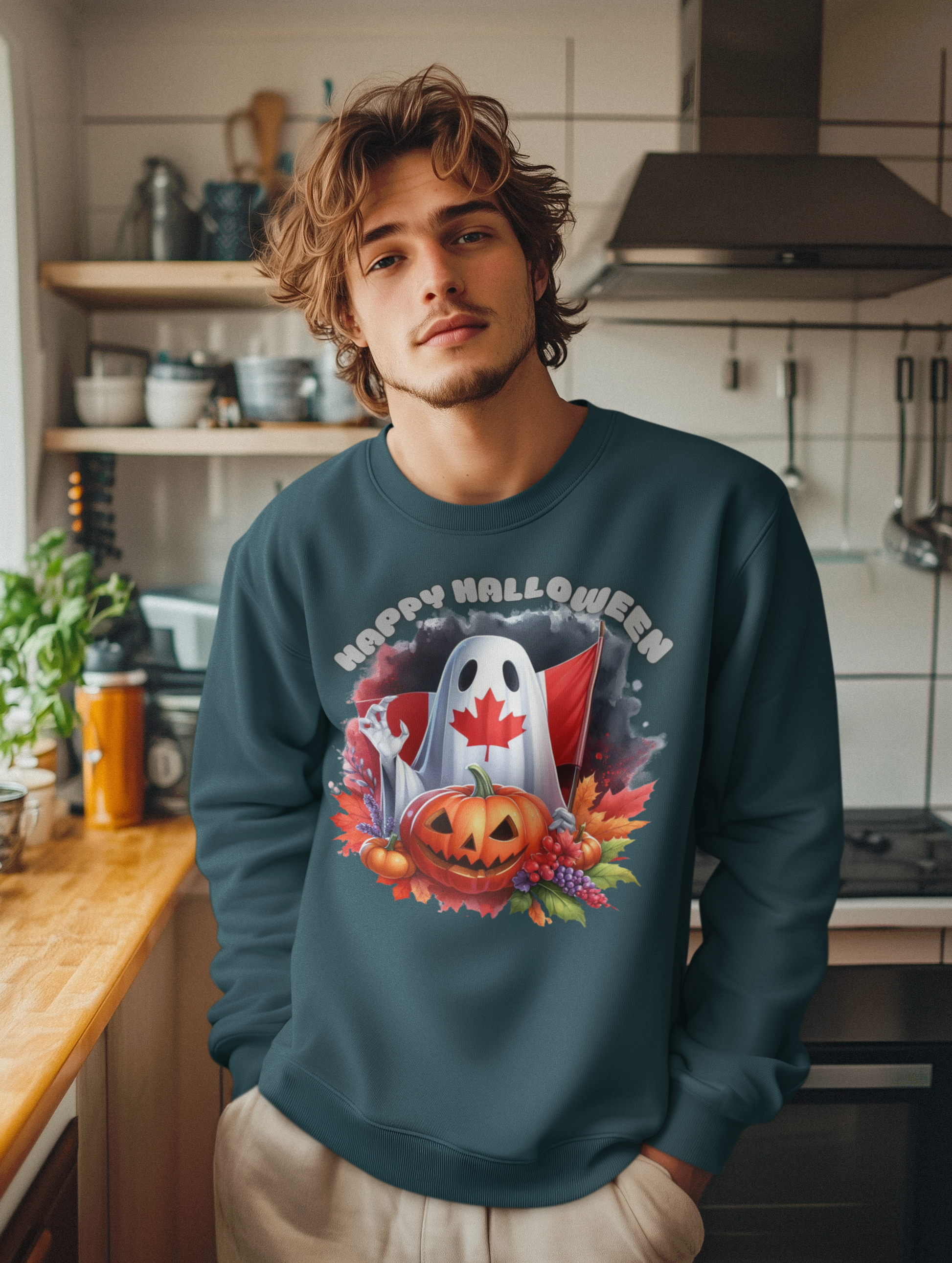 A man wears a dark teal sweatshirt with a Canadian Halloween ghost and pumpkin design.