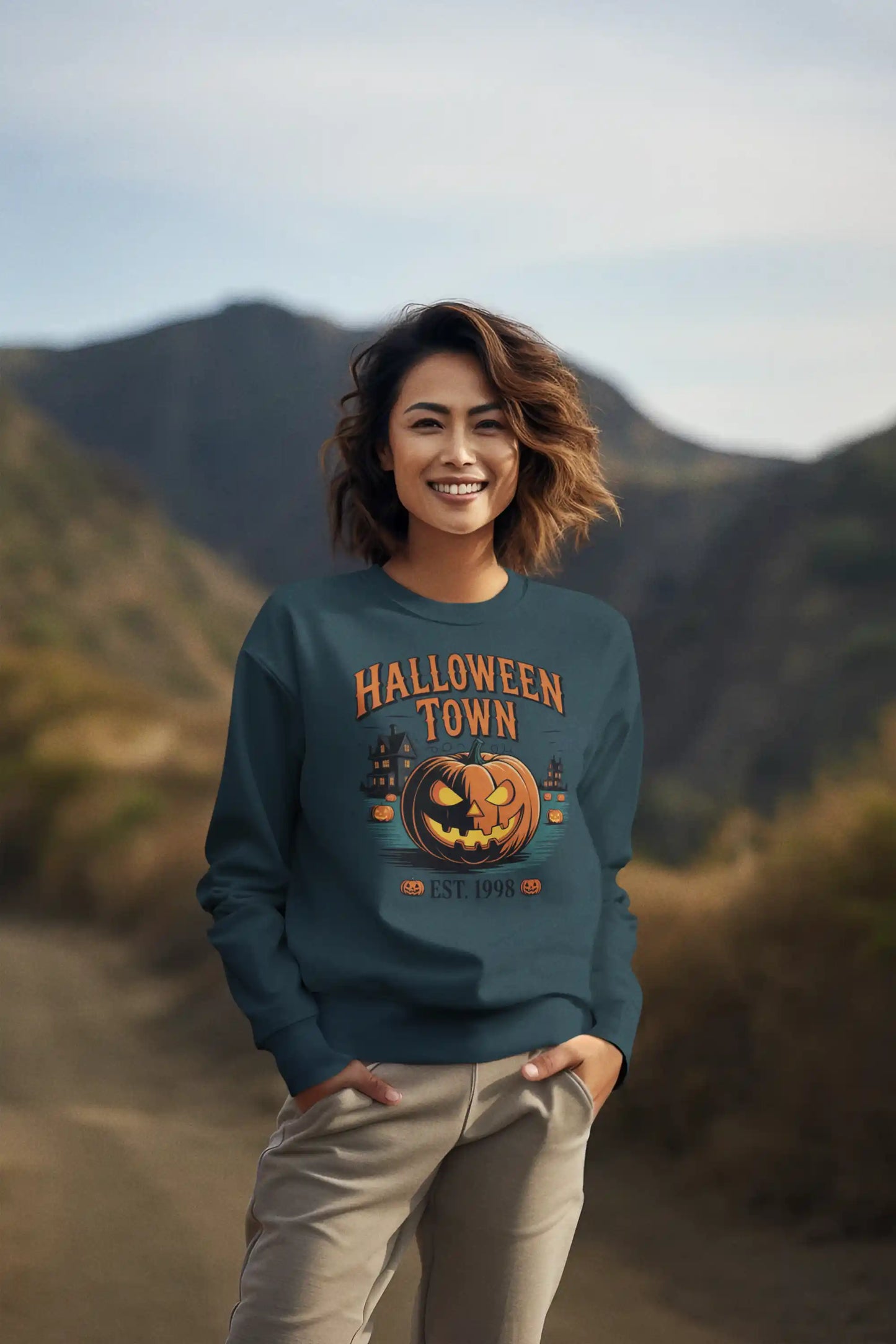 Halloween Town Sweatshirt – Vintage Pumpkin Graphic – Bella Canvas 3501 – Halloween Crewneck – Spooky Season Shirt – Unisex S-3XL