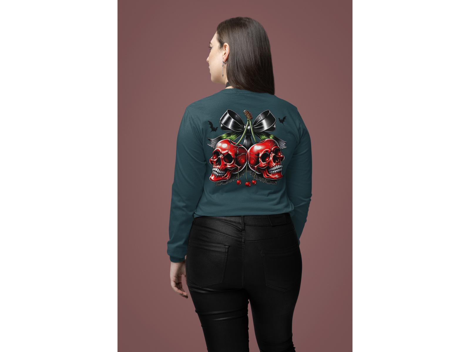 A woman from behind wears a dark teal long-sleeve shirt with a cherry skull design.