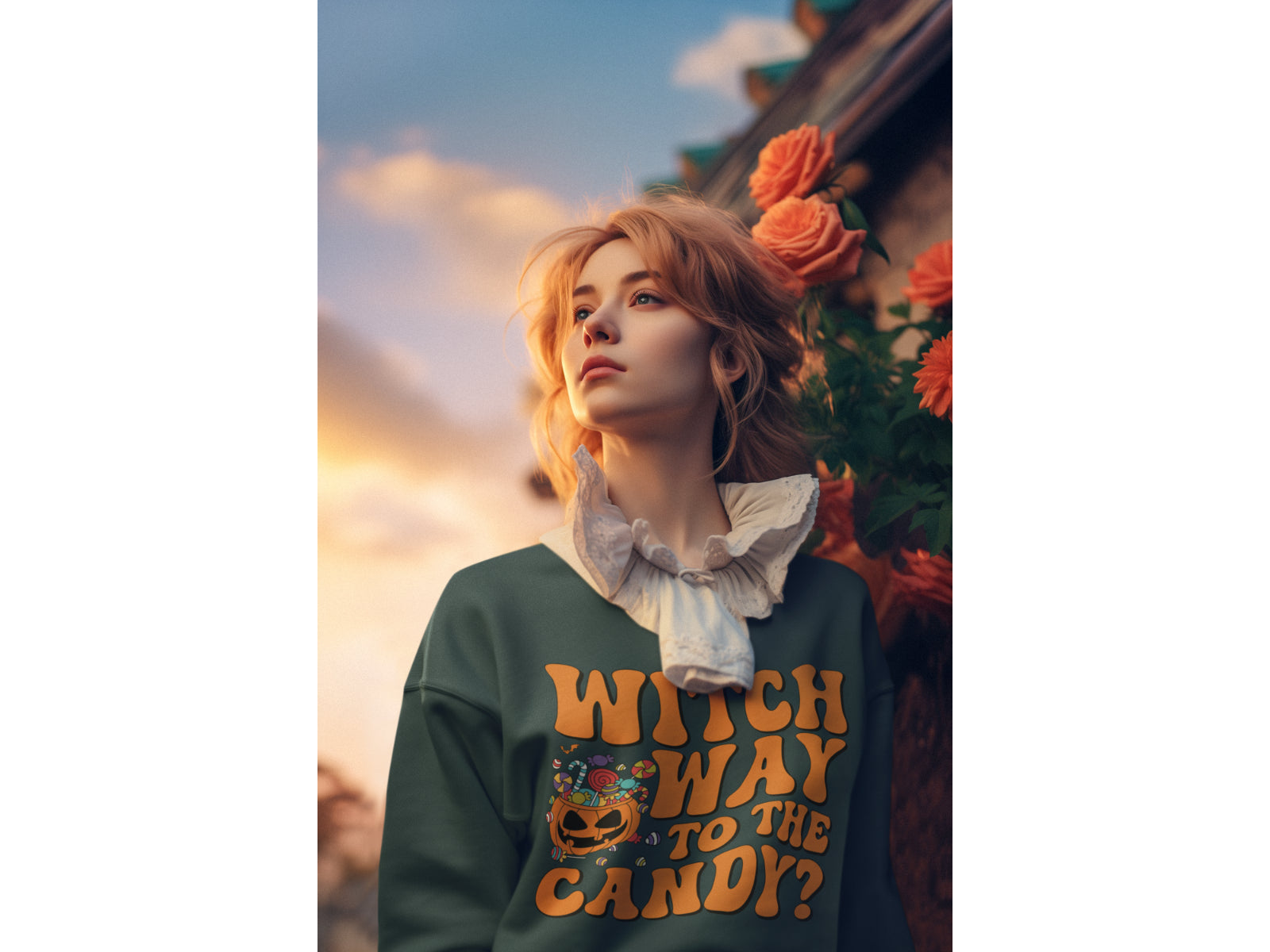 A woman wears a dark green sweatshirt that says "Witch Way to the Candy?".