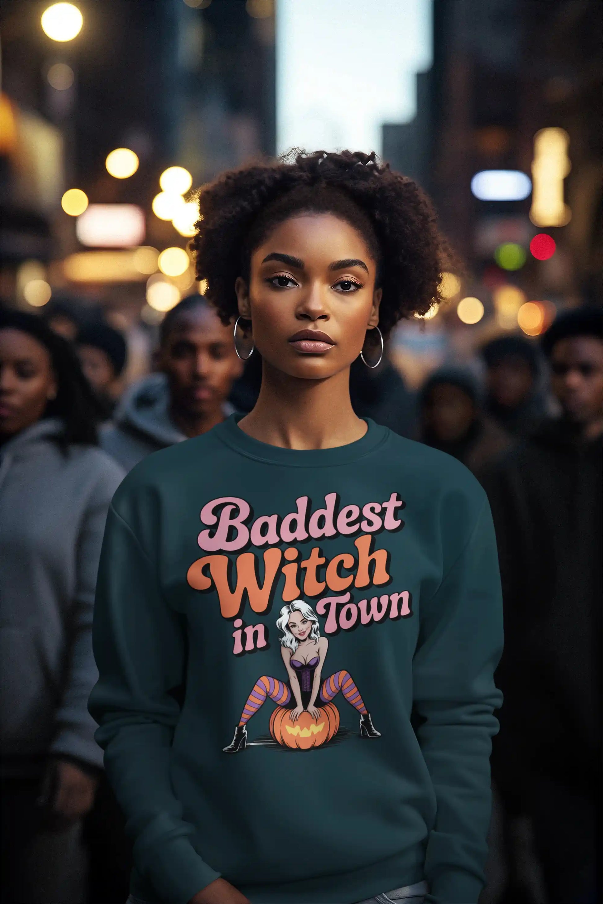 A woman wears a dark green sweatshirt with "Baddest Witch in Town" and a witch graphic.