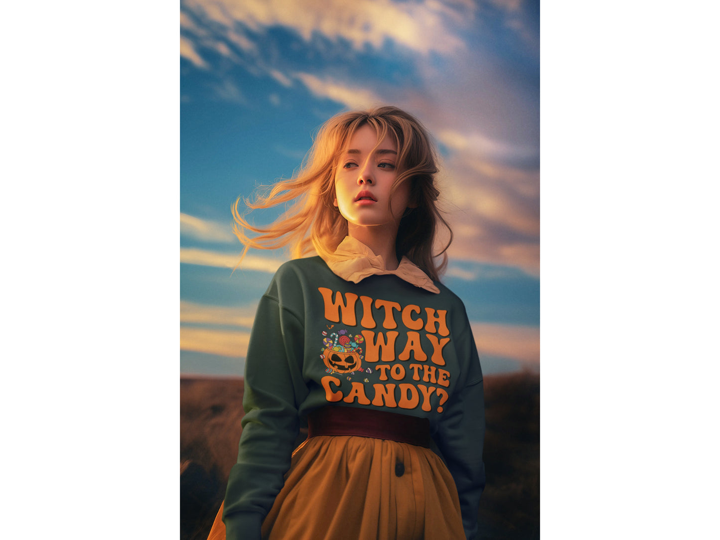 A woman wears a green "Witch Way to the Candy" Halloween sweatshirt and a yellow skirt.
