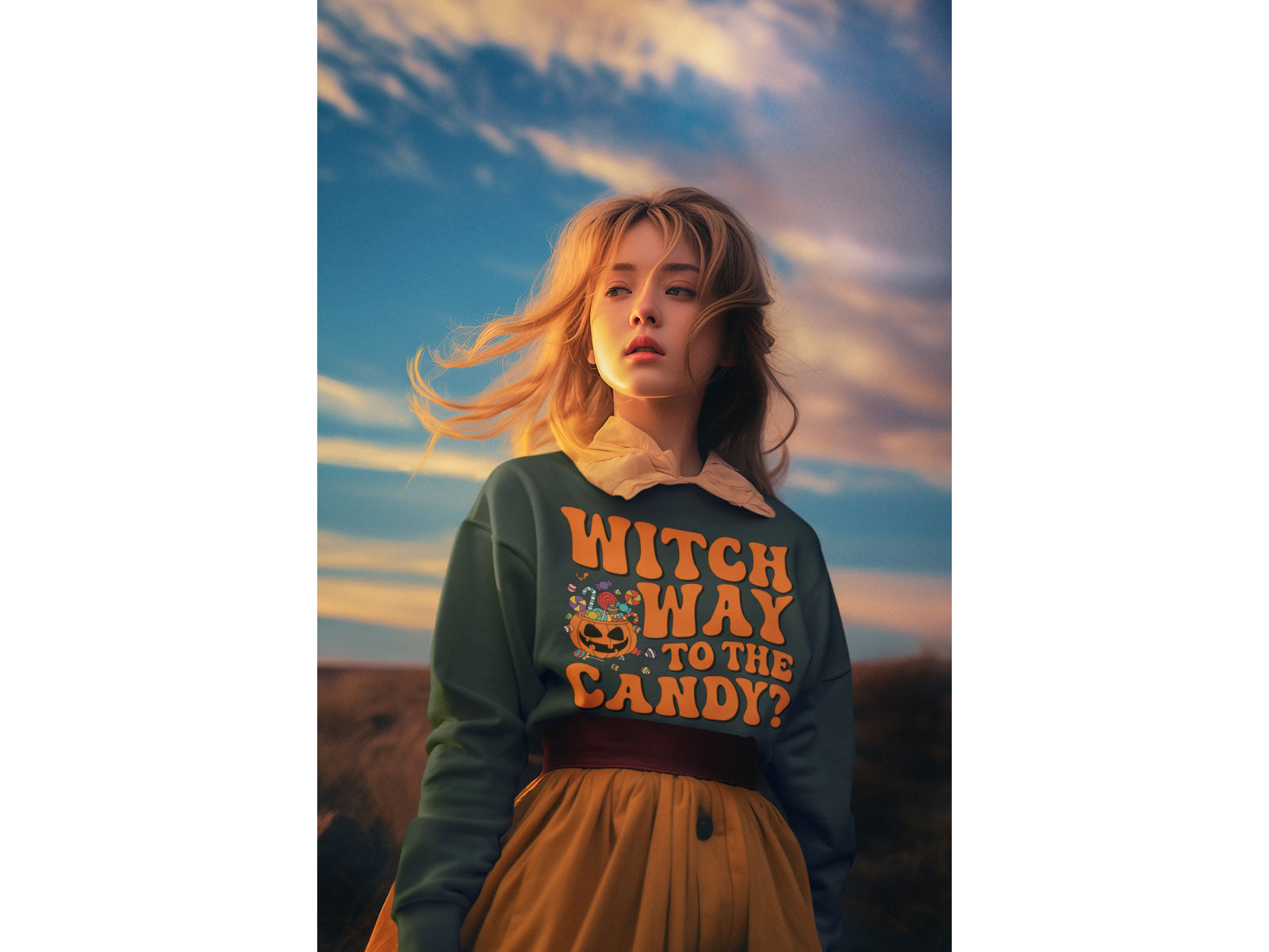 A woman wears a green "Witch Way to the Candy" Halloween sweatshirt and a yellow skirt.