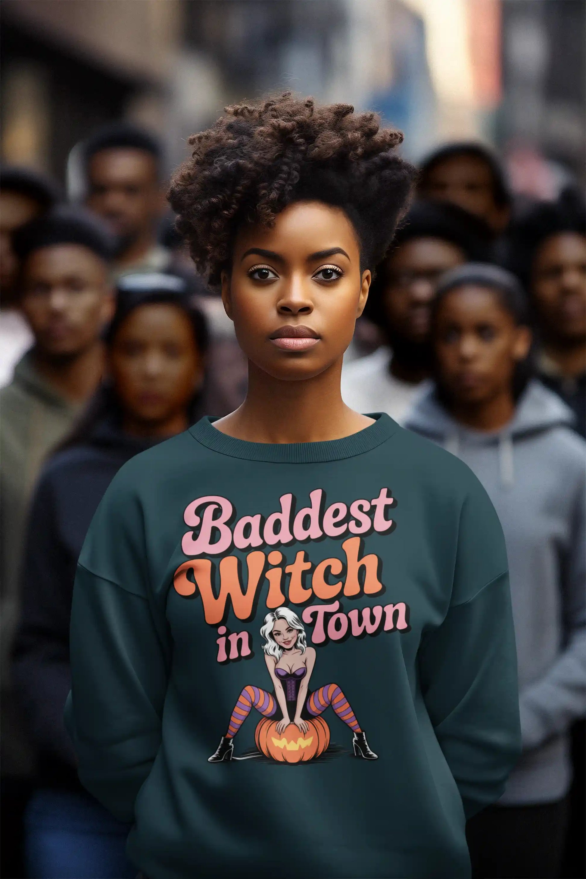 A woman wears a dark green sweatshirt with "Baddest Witch in Town" and a witch graphic.