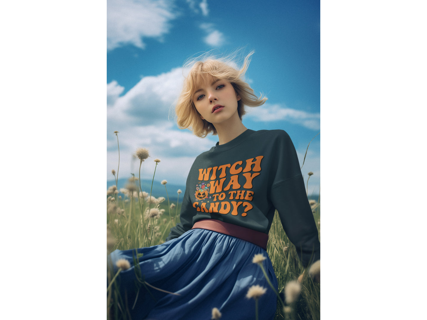 A blonde woman wears a dark green "Witch Way to the Candy" sweatshirt in a field.