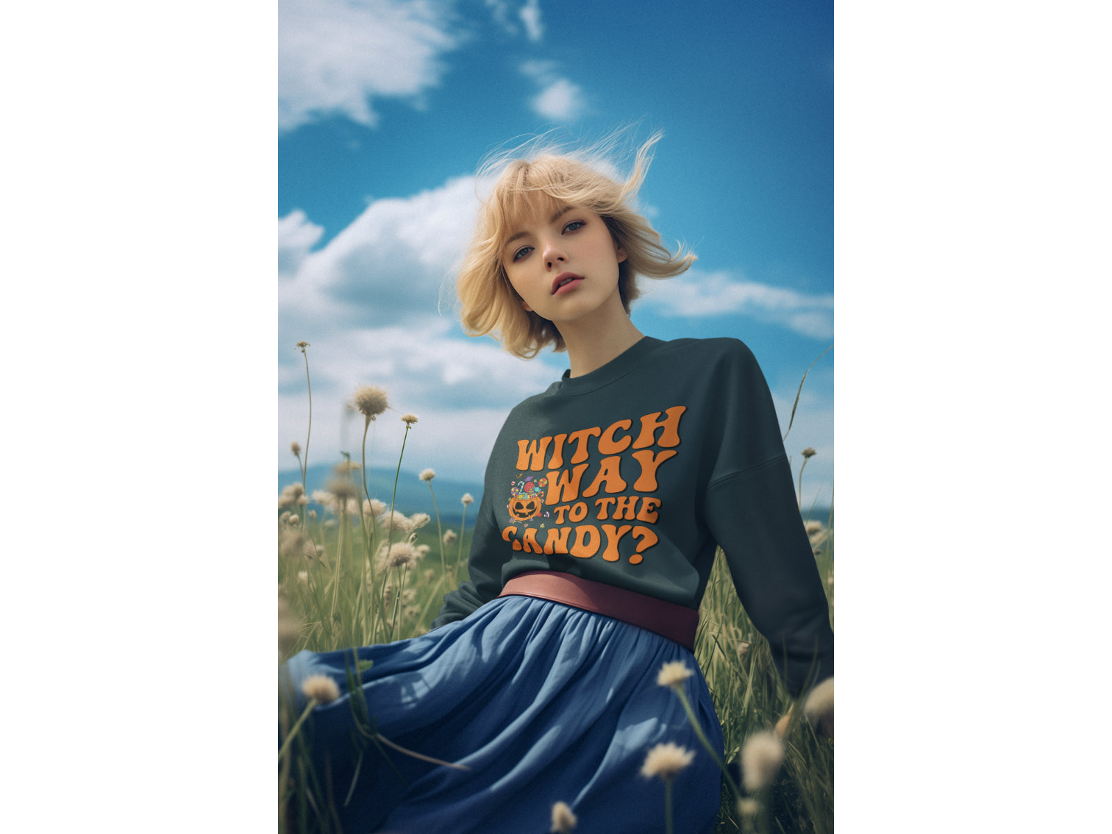 A blonde woman wears a dark green "Witch Way to the Candy" sweatshirt in a field.