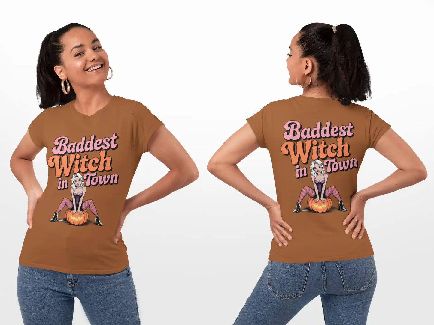 A woman models the front and back of a brown "Baddest Witch in Town" t-shirt.
