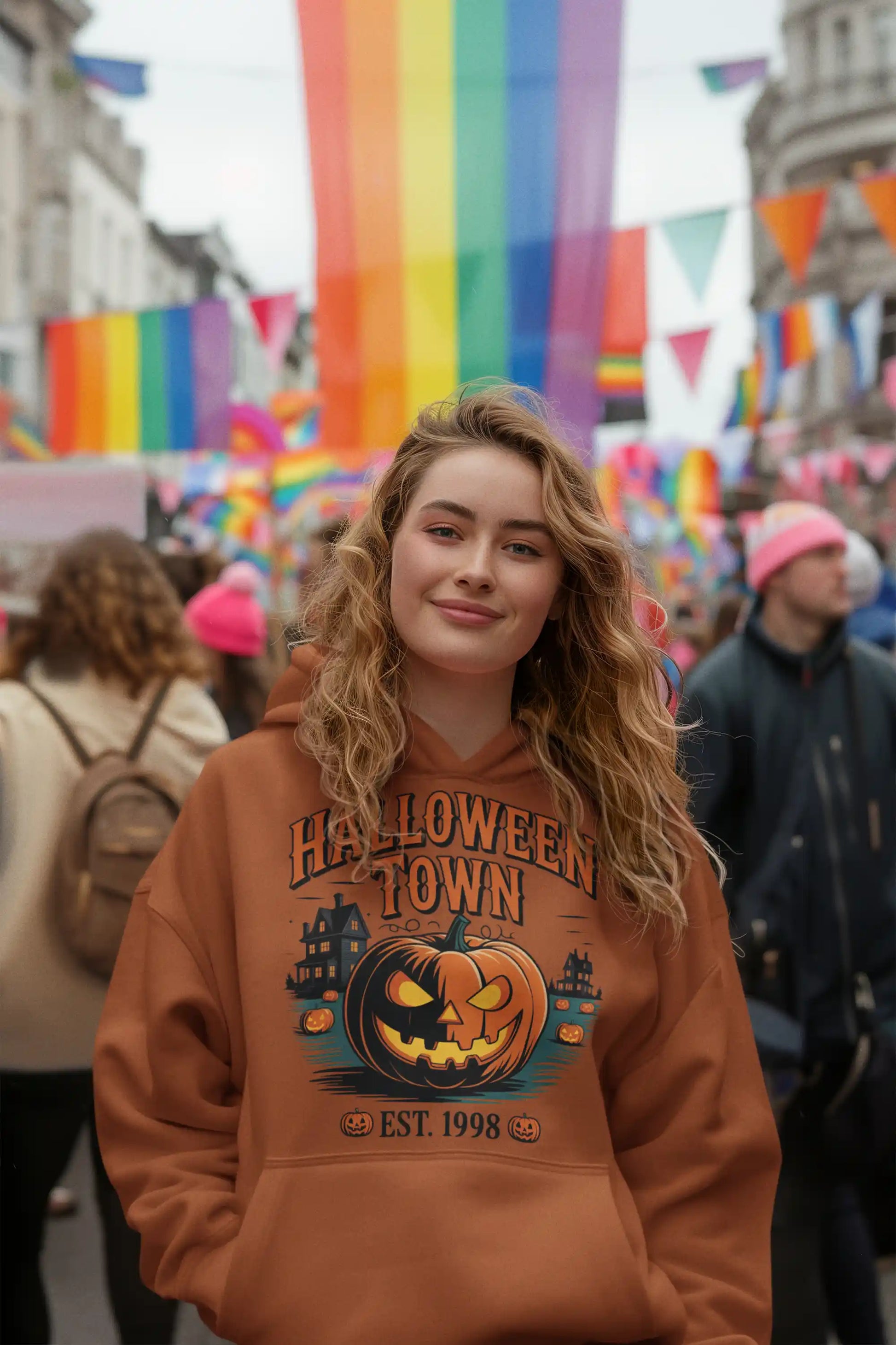 A woman wears a brown Halloween Town hoodie with a pumpkin graphic.