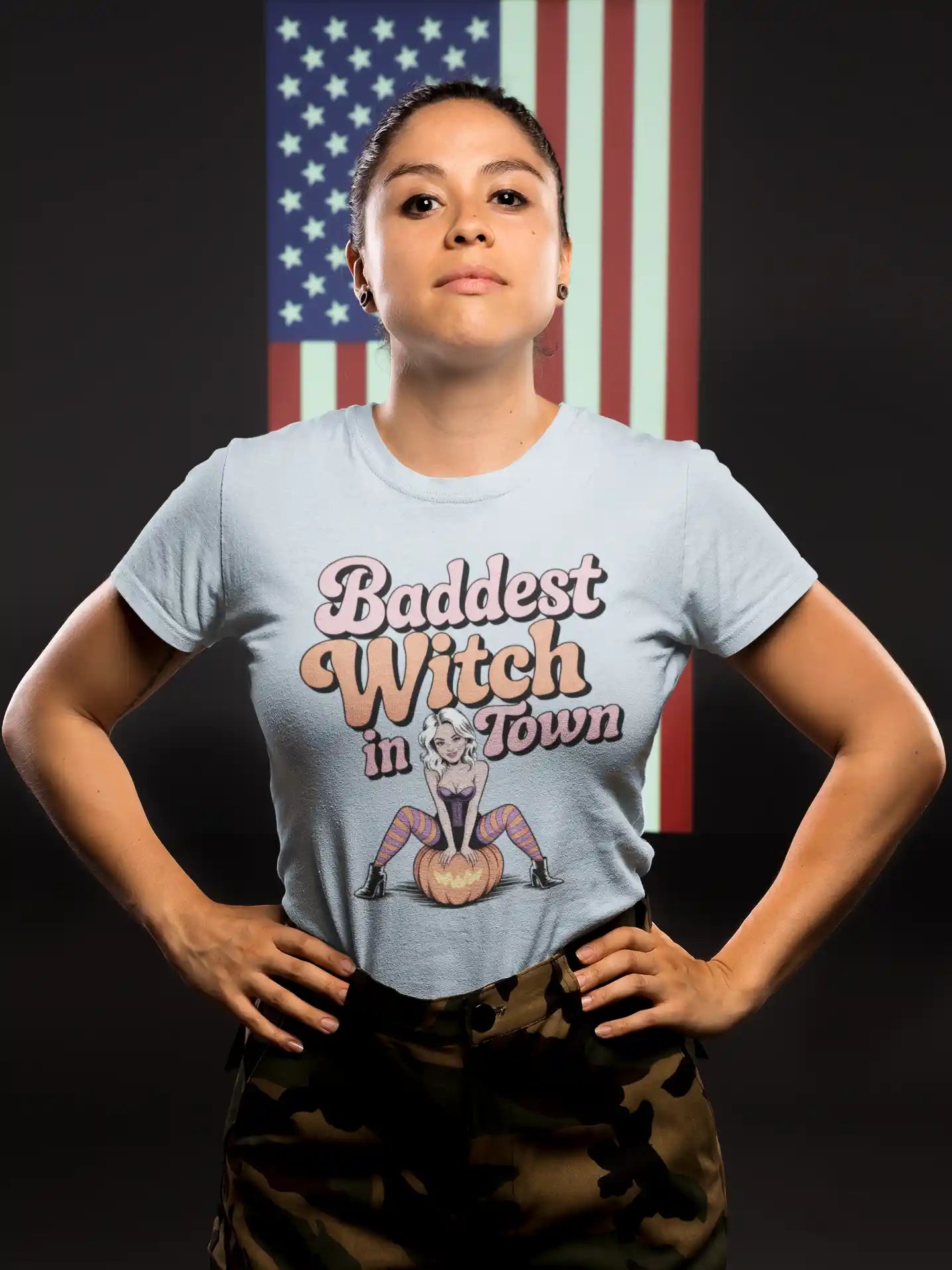 Baddest Witch in Town Retro Halloween Bella+Canvas 3001 T-Shirt – Spooky Cute Fall Tee