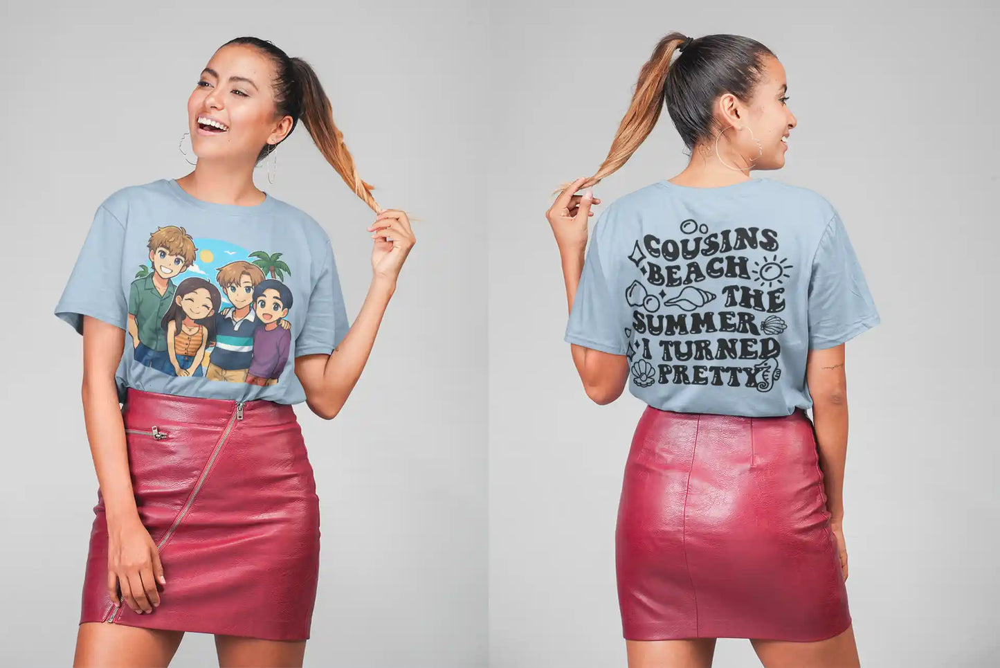 A woman models a light blue t-shirt with anime characters and a red leather skirt.