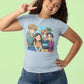A woman in a light blue t-shirt with an anime-style group of four friends.