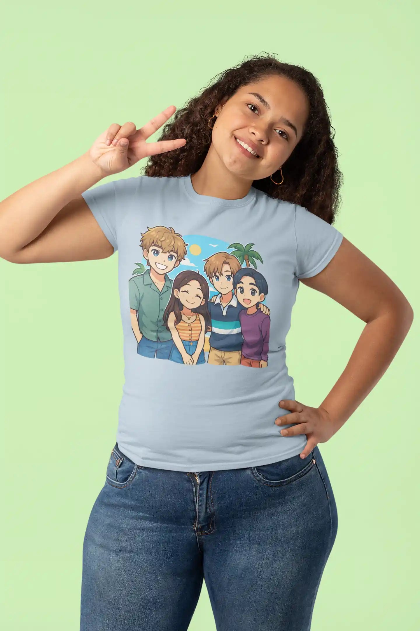 A woman in a light blue t-shirt with an anime-style group of four friends.