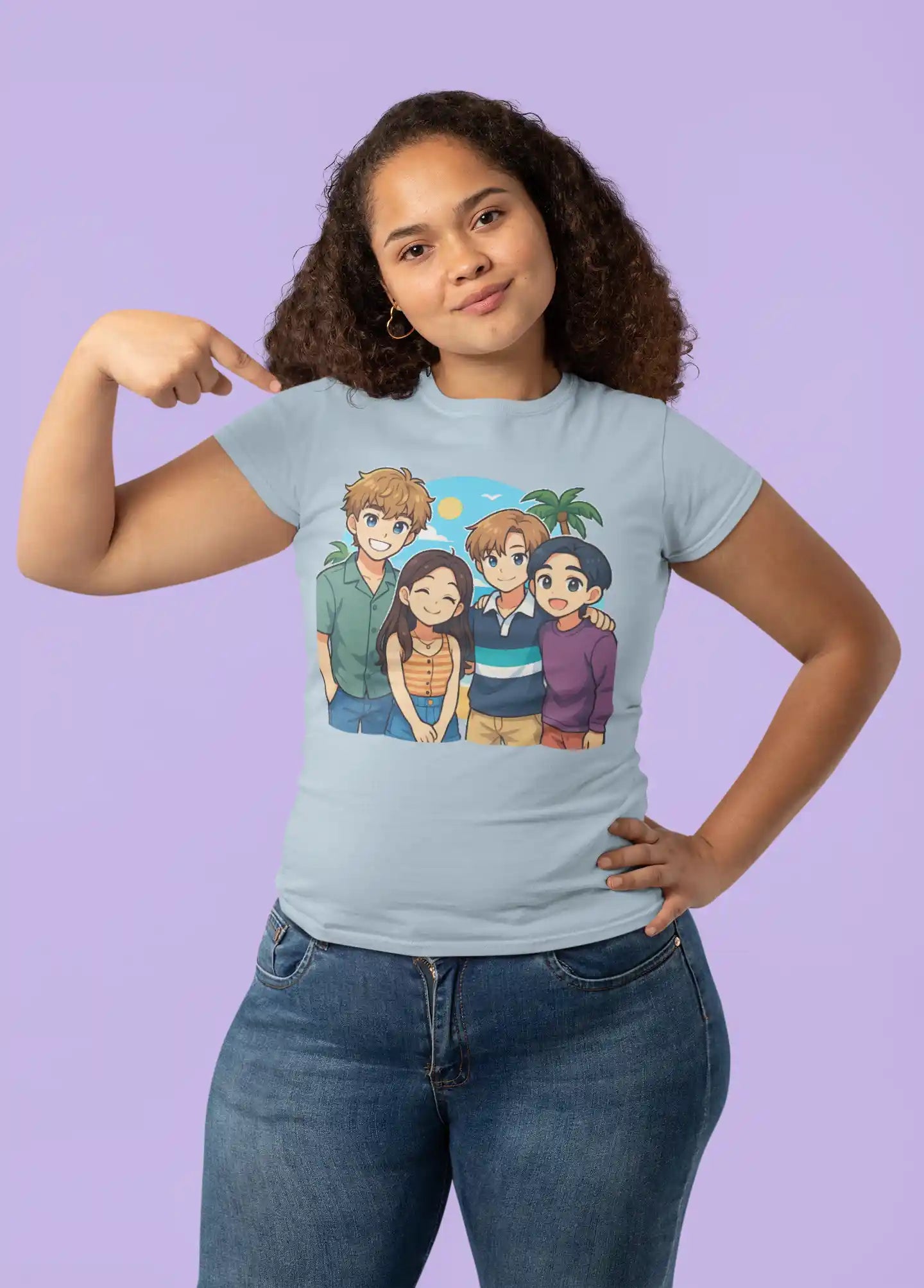 A woman points to her light blue t-shirt featuring four anime characters on a beach.