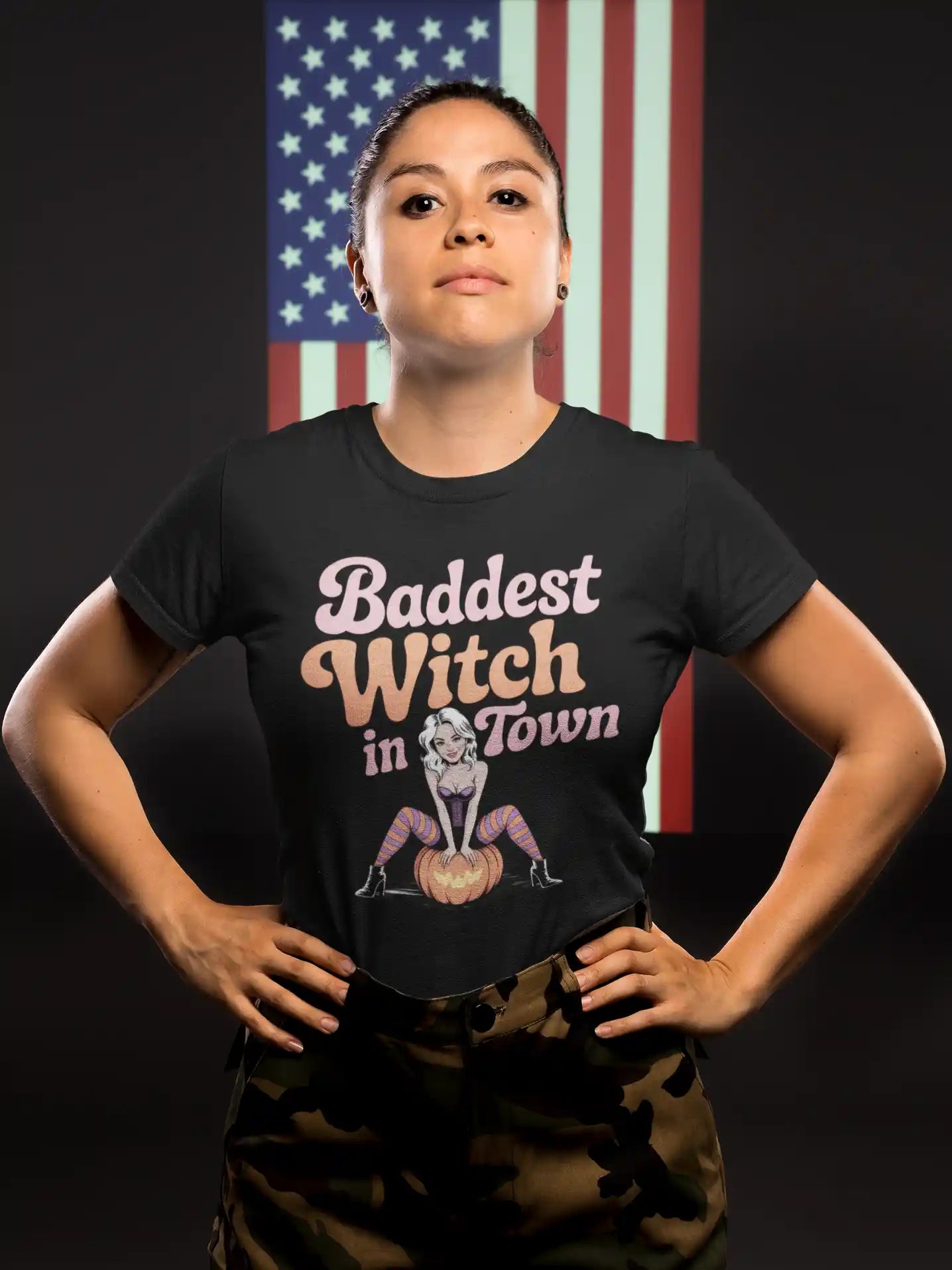 Baddest Witch in Town Retro Halloween Bella+Canvas 3001 T-Shirt – Spooky Cute Fall Tee