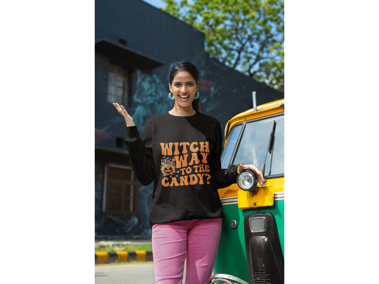 Witch Way to the Candy Halloween Sweatshirt – Bella+Canvas 3501 Unisex Pullover – Spooky Funny Fall Sweater (S–3XL, Multiple Colors)