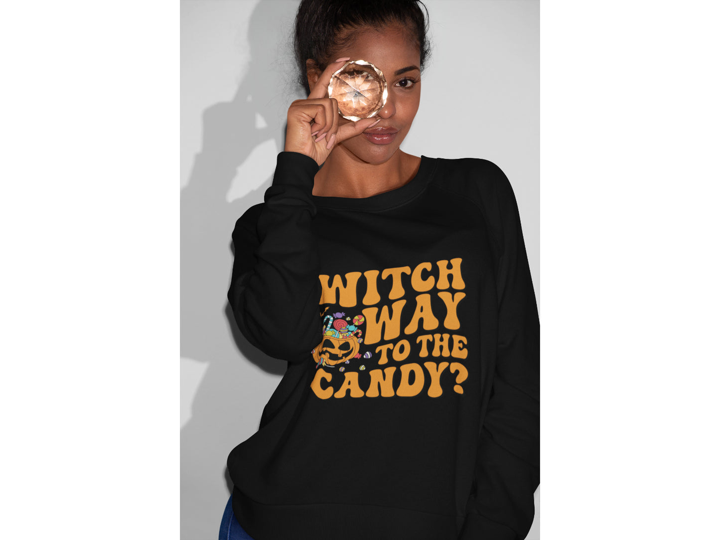 Witch Way to the Candy Halloween Sweatshirt – Bella+Canvas 3501 Unisex Pullover – Spooky Funny Fall Sweater (S–3XL, Multiple Colors)
