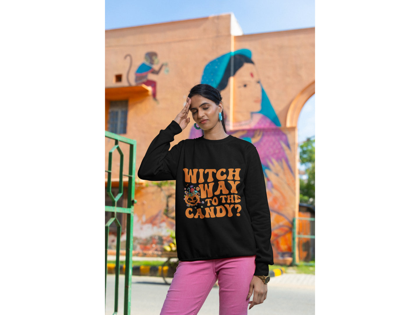Witch Way to the Candy Halloween Sweatshirt – Bella+Canvas 3501 Unisex Pullover – Spooky Funny Fall Sweater (S–3XL, Multiple Colors)