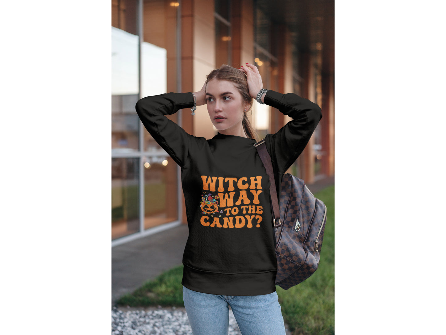 Witch Way to the Candy Halloween Sweatshirt – Bella+Canvas 3501 Unisex Pullover – Spooky Funny Fall Sweater (S–3XL, Multiple Colors)