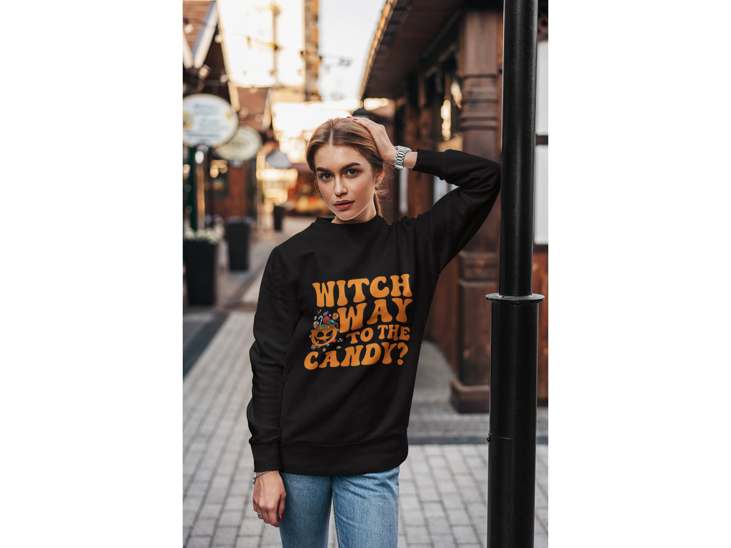Witch Way to the Candy Halloween Sweatshirt – Bella+Canvas 3501 Unisex Pullover – Spooky Funny Fall Sweater (S–3XL, Multiple Colors)