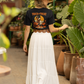 Black t-shirt with a "Trick or Treat" duck graphic, worn by a person from behind.