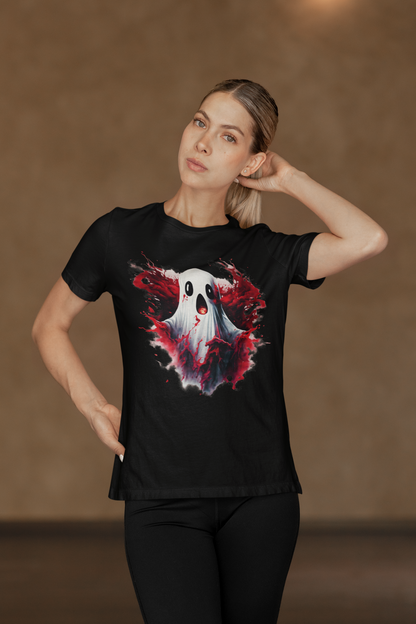 A woman models a black t-shirt with a creepy Halloween ghost design.