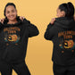 Black Halloween Town hoodie with a vintage pumpkin graphic, shown front and back on a model.