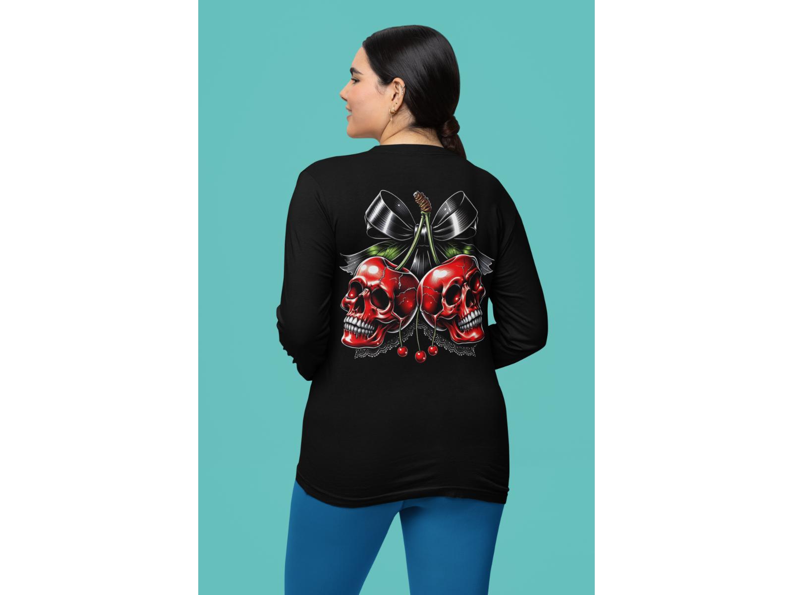 A woman from behind wears a black long-sleeve shirt with a cherry skull design.