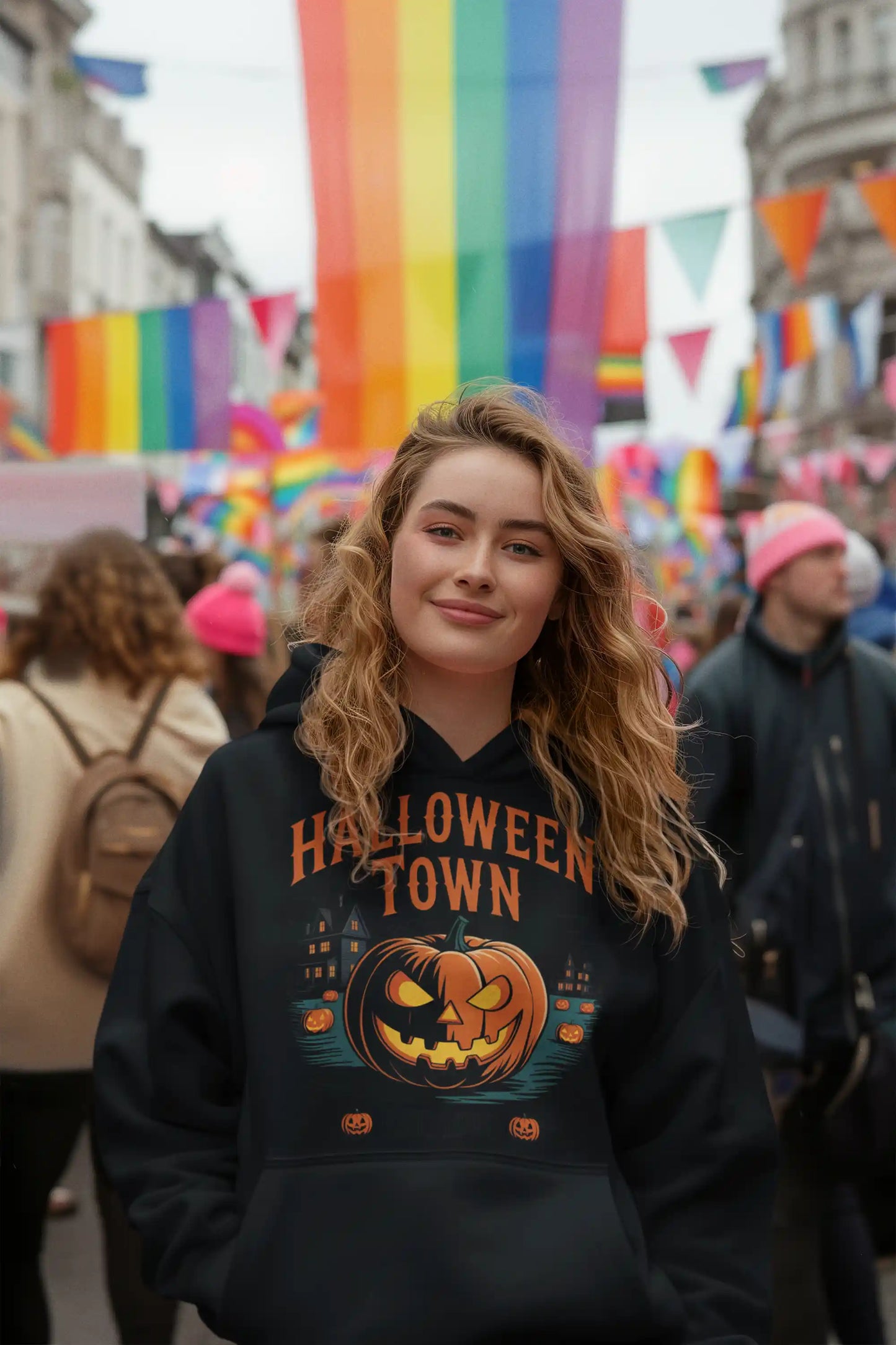 A woman wears a black Halloween Town hoodie with a vintage pumpkin graphic.