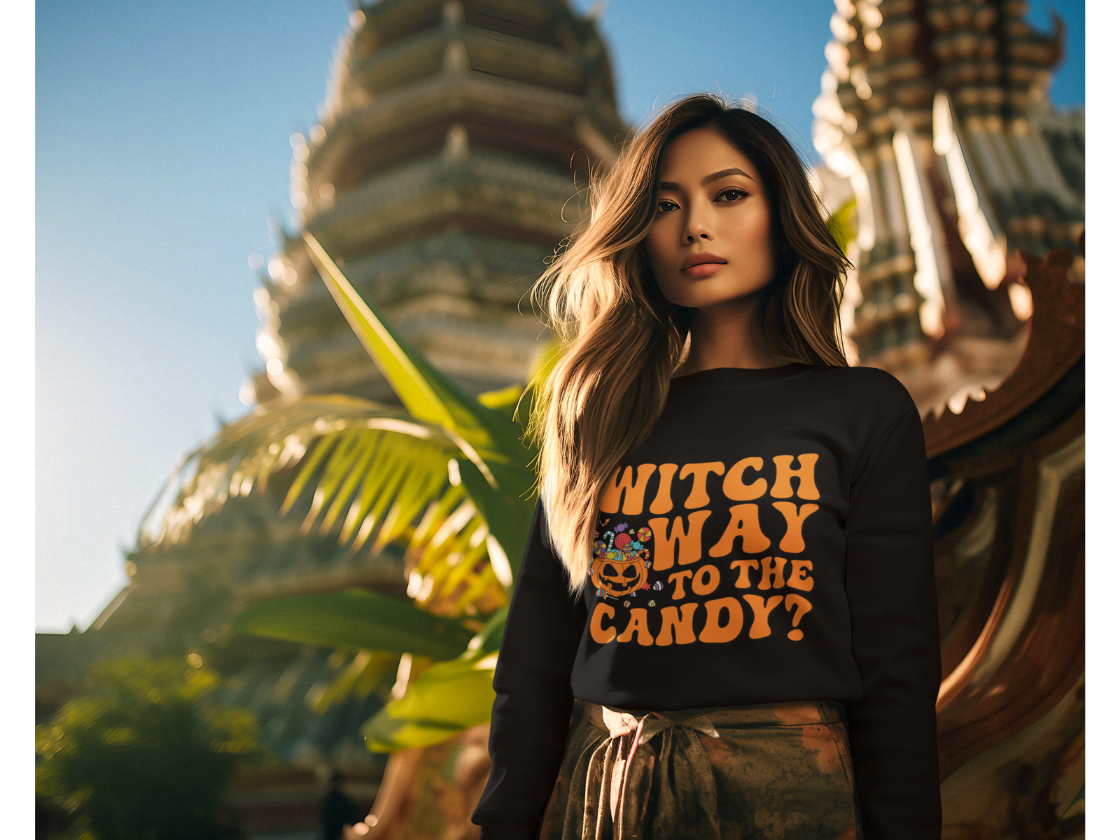 A woman wears a black "Witch Way to the Candy" Halloween sweatshirt.