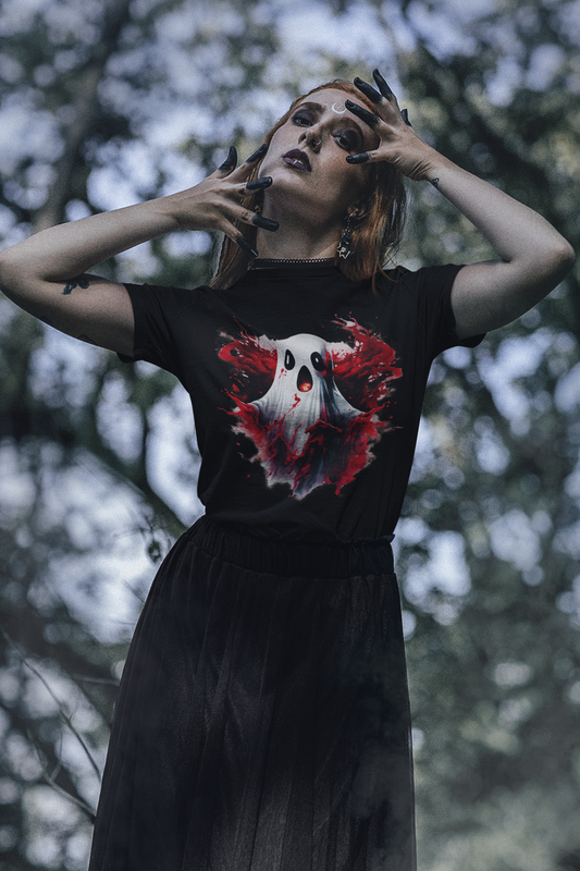 A woman wears a black t-shirt with a creepy ghost design.