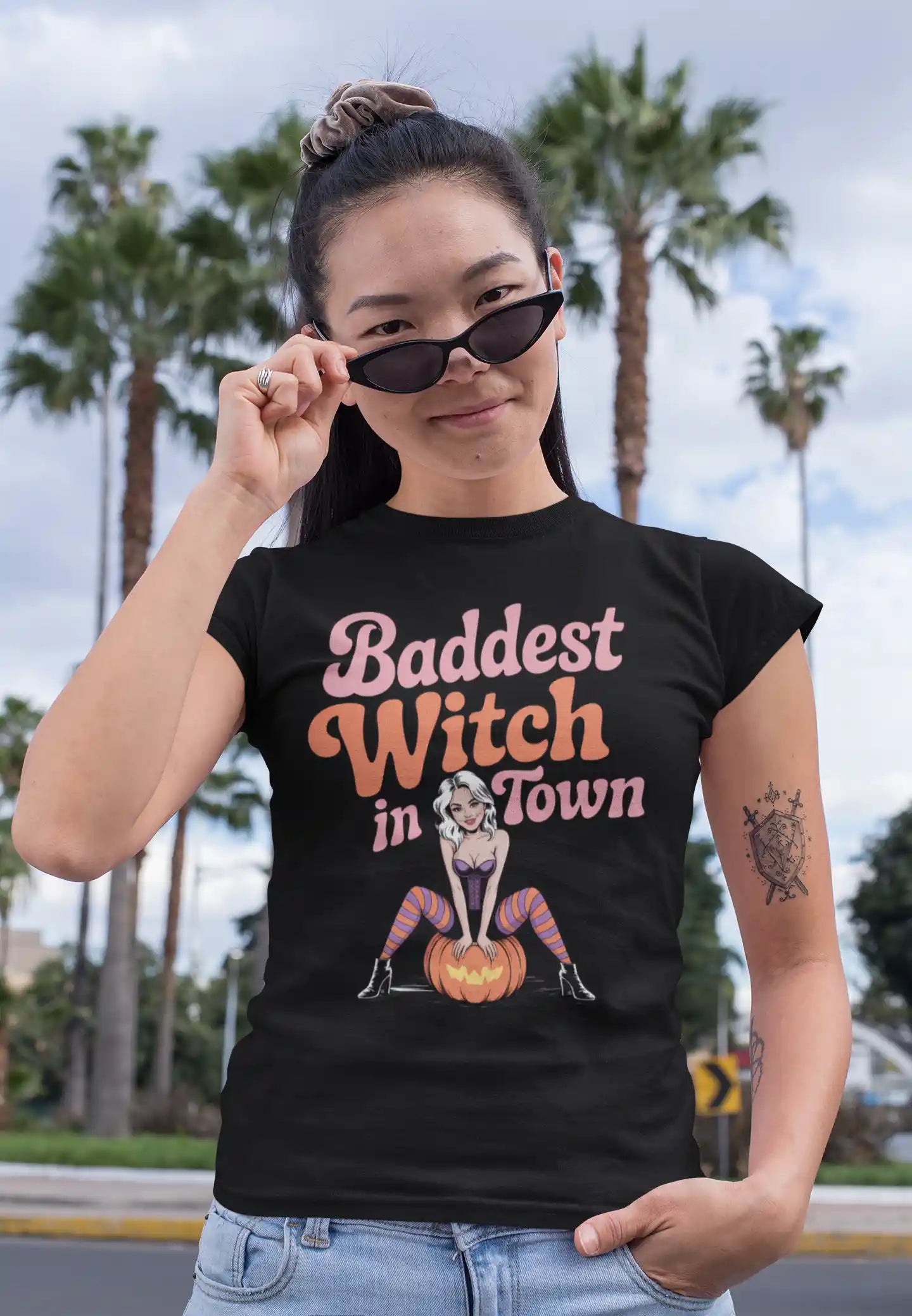Baddest Witch in Town Retro Halloween Bella+Canvas 3001 T-Shirt – Spooky Cute Fall Tee