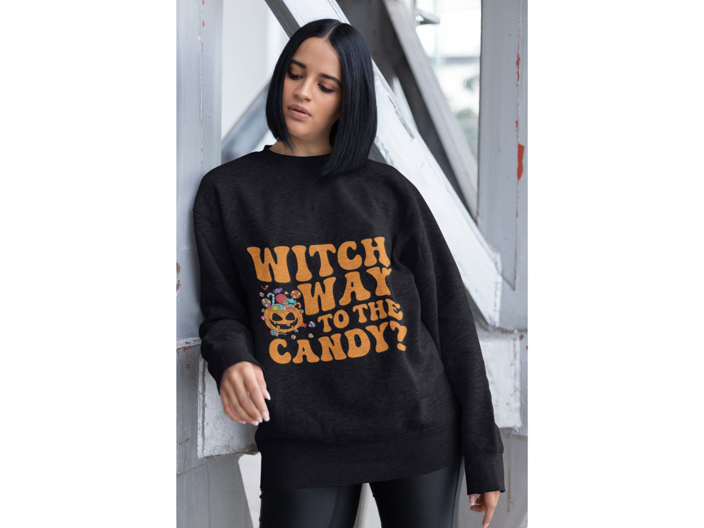 Witch Way to the Candy Halloween Sweatshirt – Bella+Canvas 3501 Unisex Pullover – Spooky Funny Fall Sweater (S–3XL, Multiple Colors)