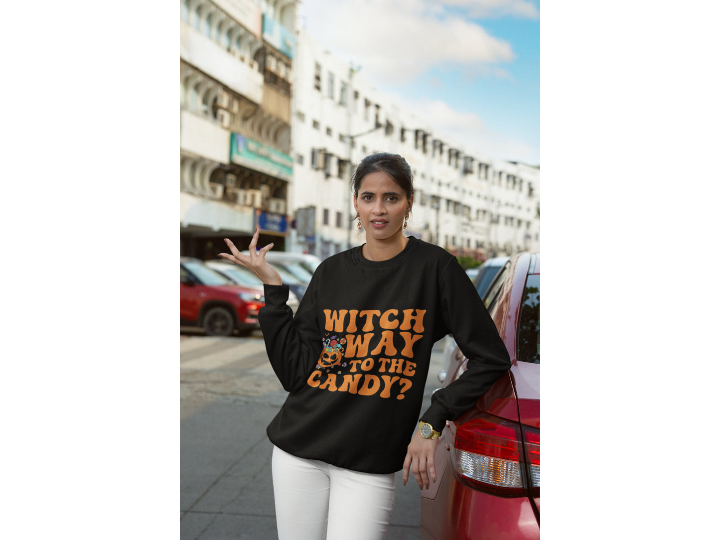 Witch Way to the Candy Halloween Sweatshirt – Bella+Canvas 3501 Unisex Pullover – Spooky Funny Fall Sweater (S–3XL, Multiple Colors)