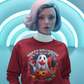 A woman wears a red sweatshirt with a Canadian Halloween ghost and pumpkin design.