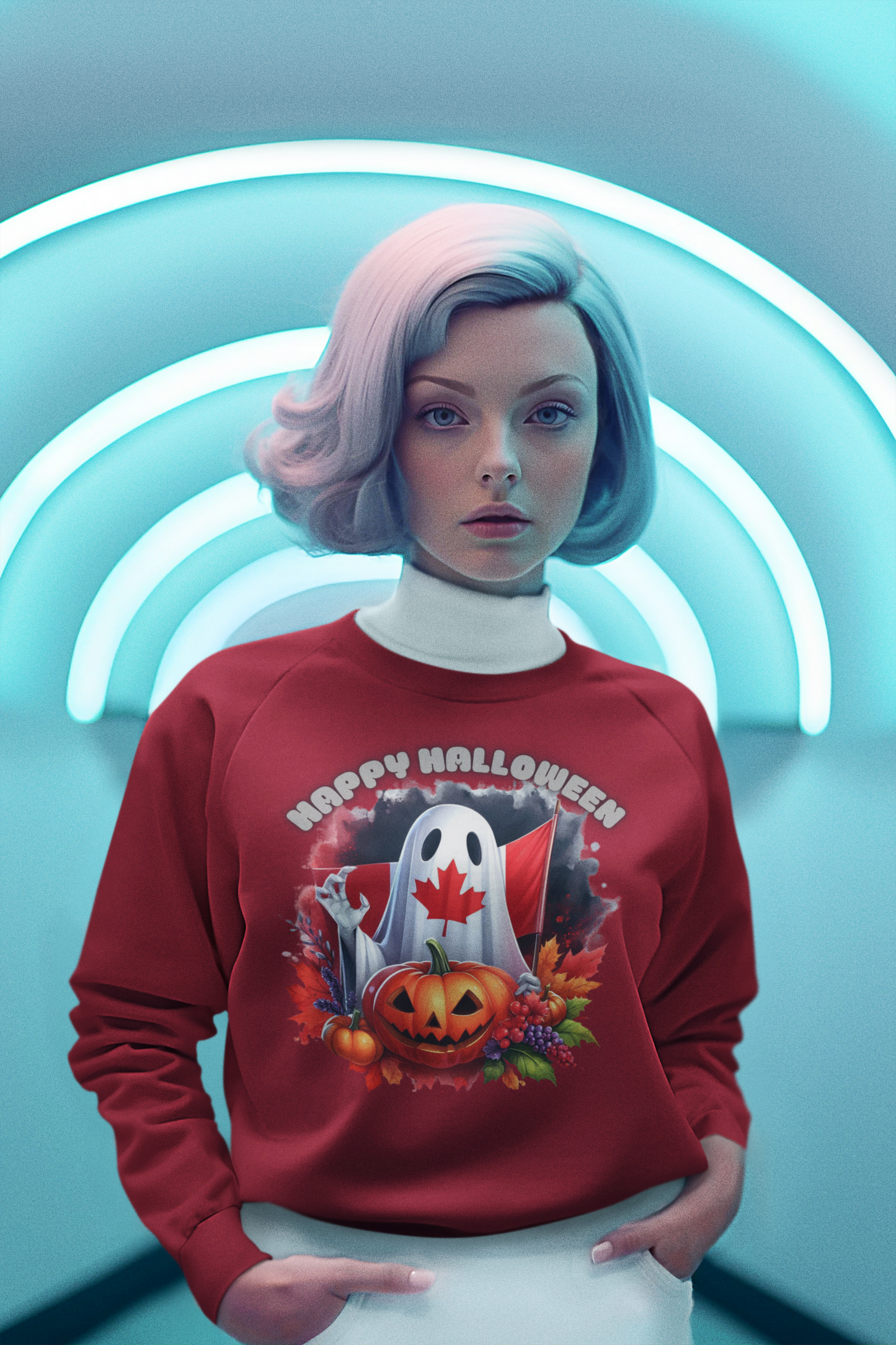 A woman wears a red sweatshirt with a Canadian Halloween ghost and pumpkin design.