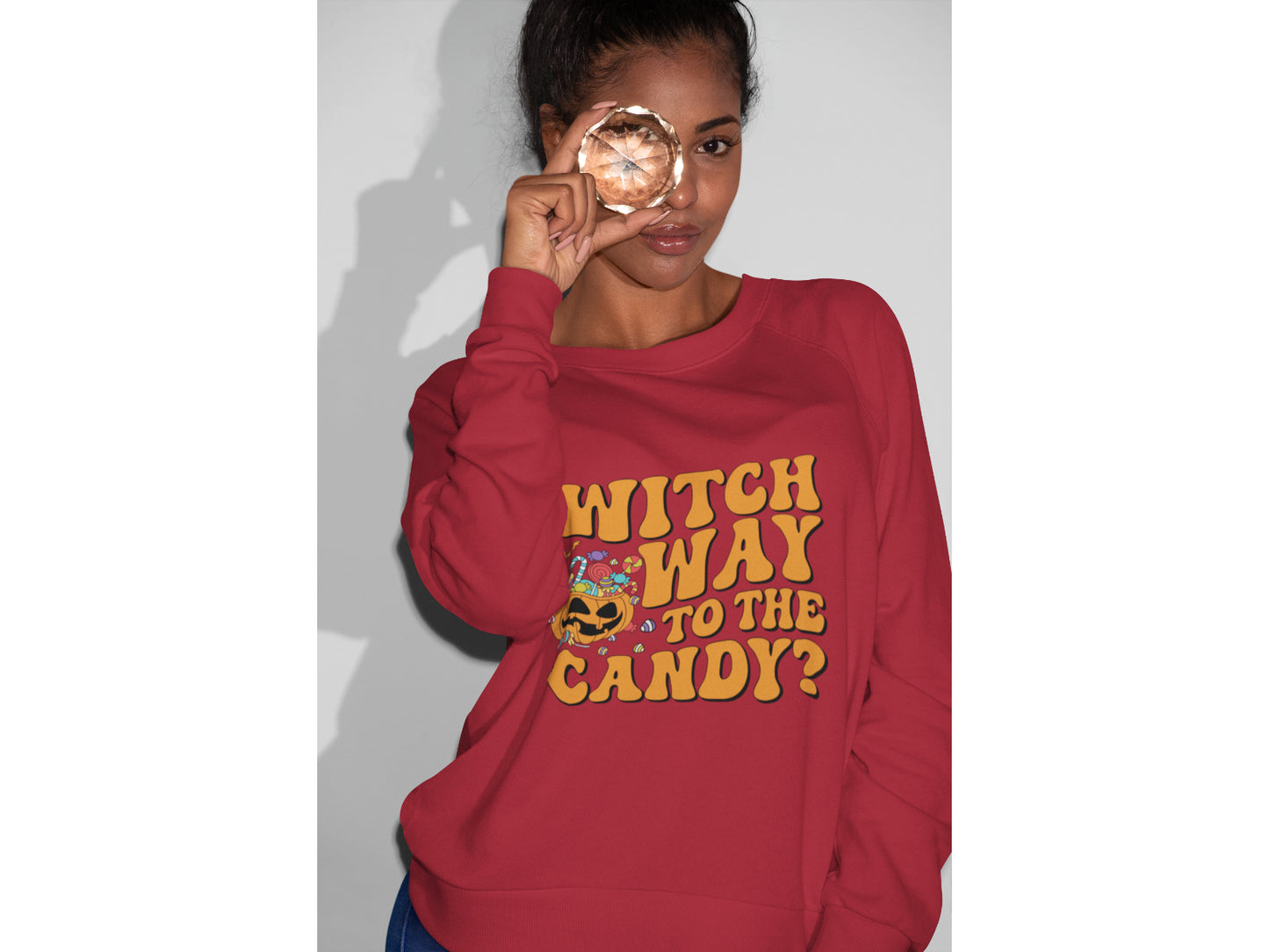 Witch Way to the Candy Halloween Sweatshirt – Bella+Canvas 3501 Unisex Pullover – Spooky Funny Fall Sweater (S–3XL, Multiple Colors)