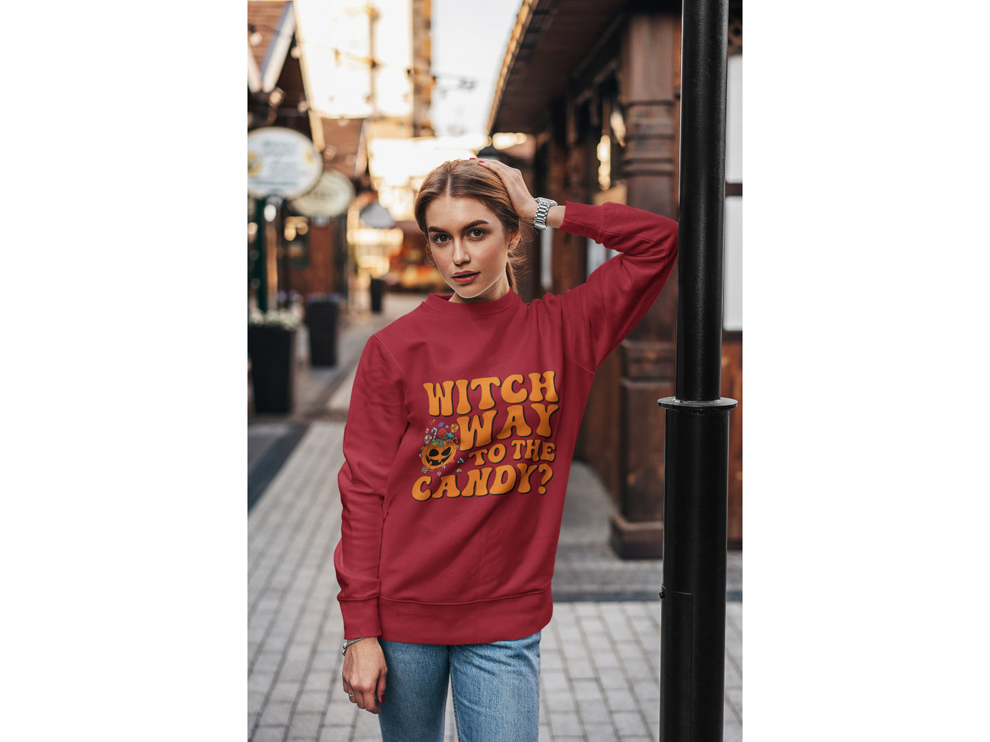 Witch Way to the Candy Halloween Sweatshirt – Bella+Canvas 3501 Unisex Pullover – Spooky Funny Fall Sweater (S–3XL, Multiple Colors)