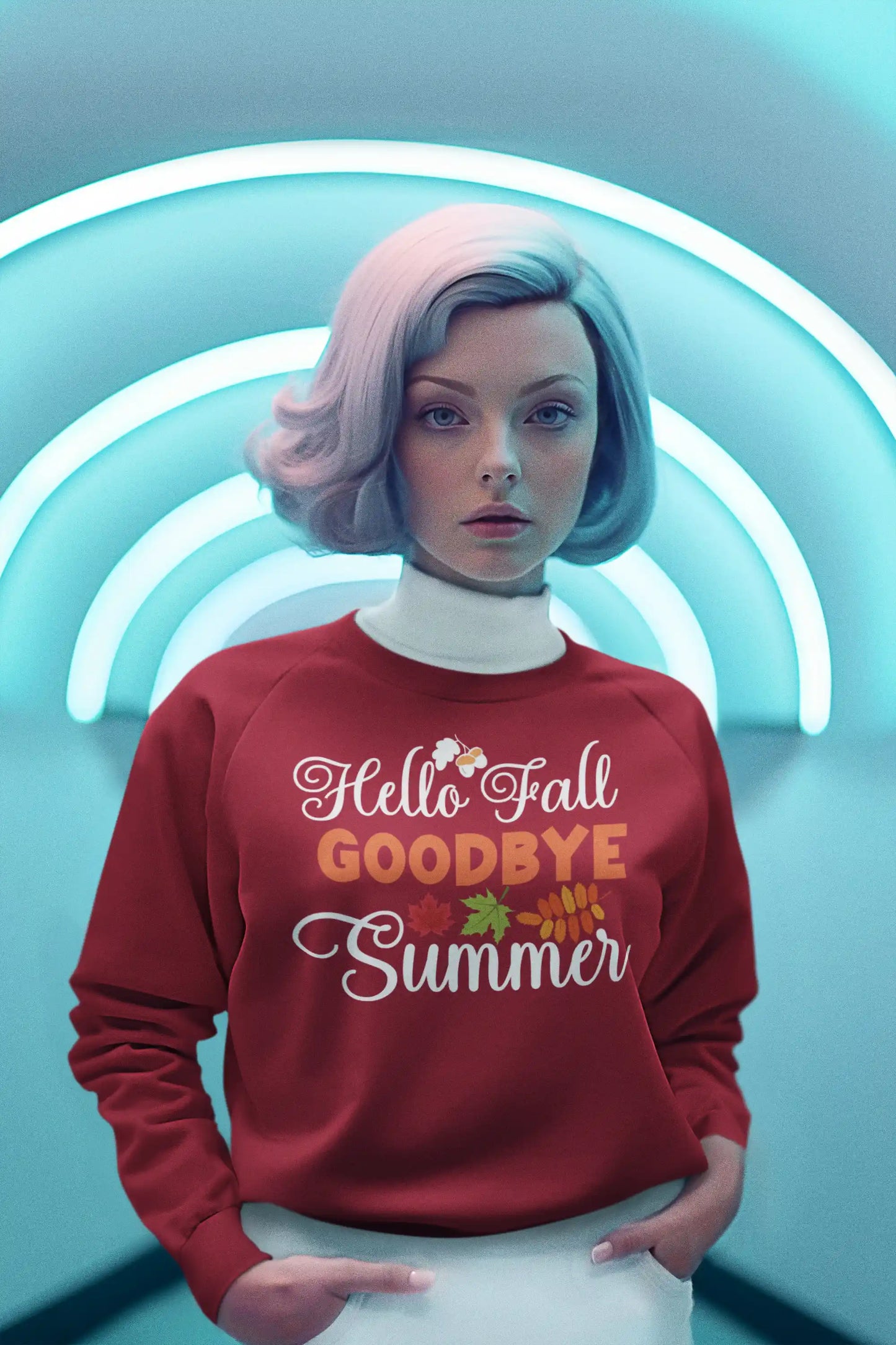A woman in a red "Hello Fall GOODBYE Summer" sweatshirt stands against a blue background.